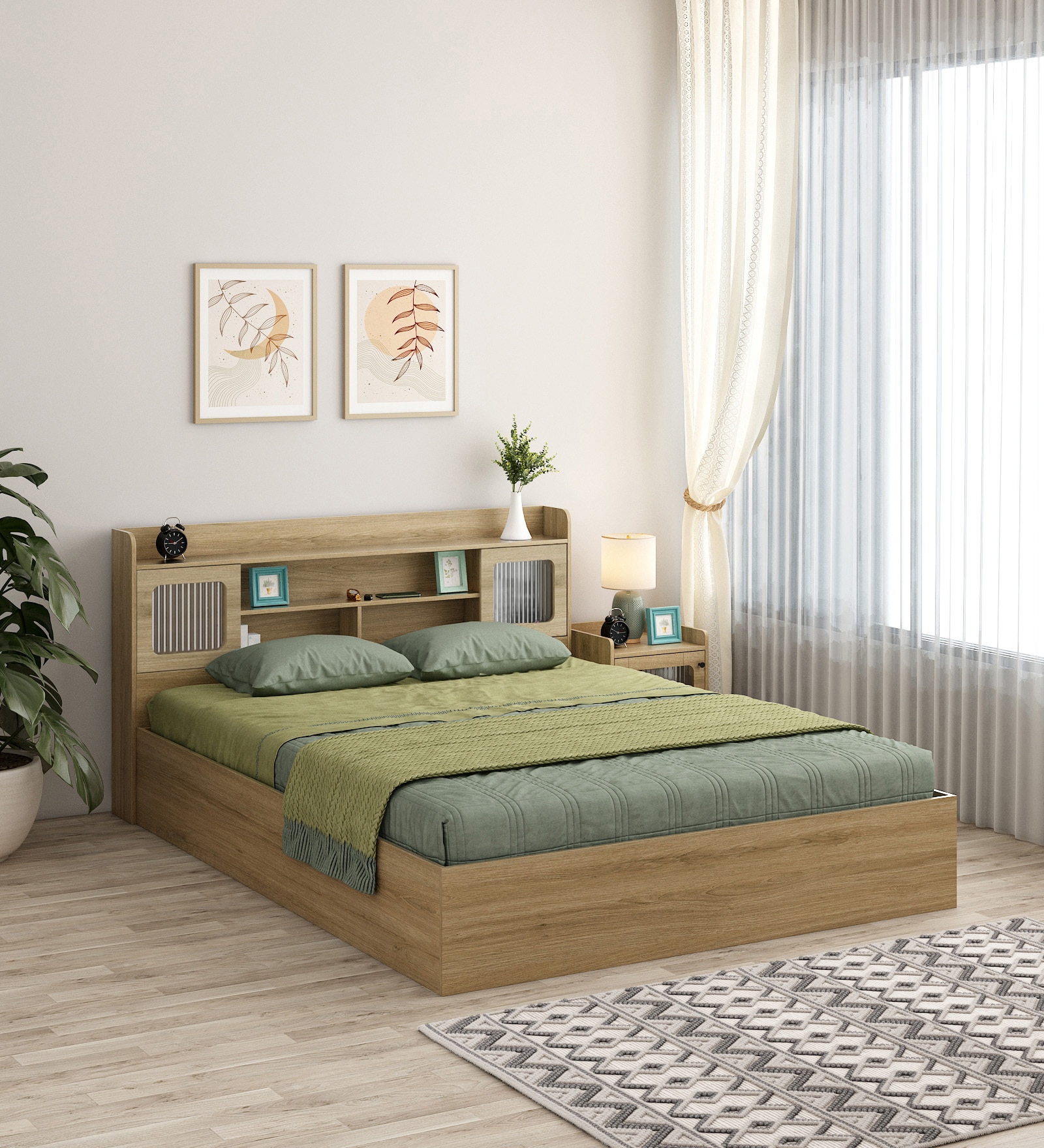 Vida Queen Size Bed in Santana Oak Finish with Box Storage