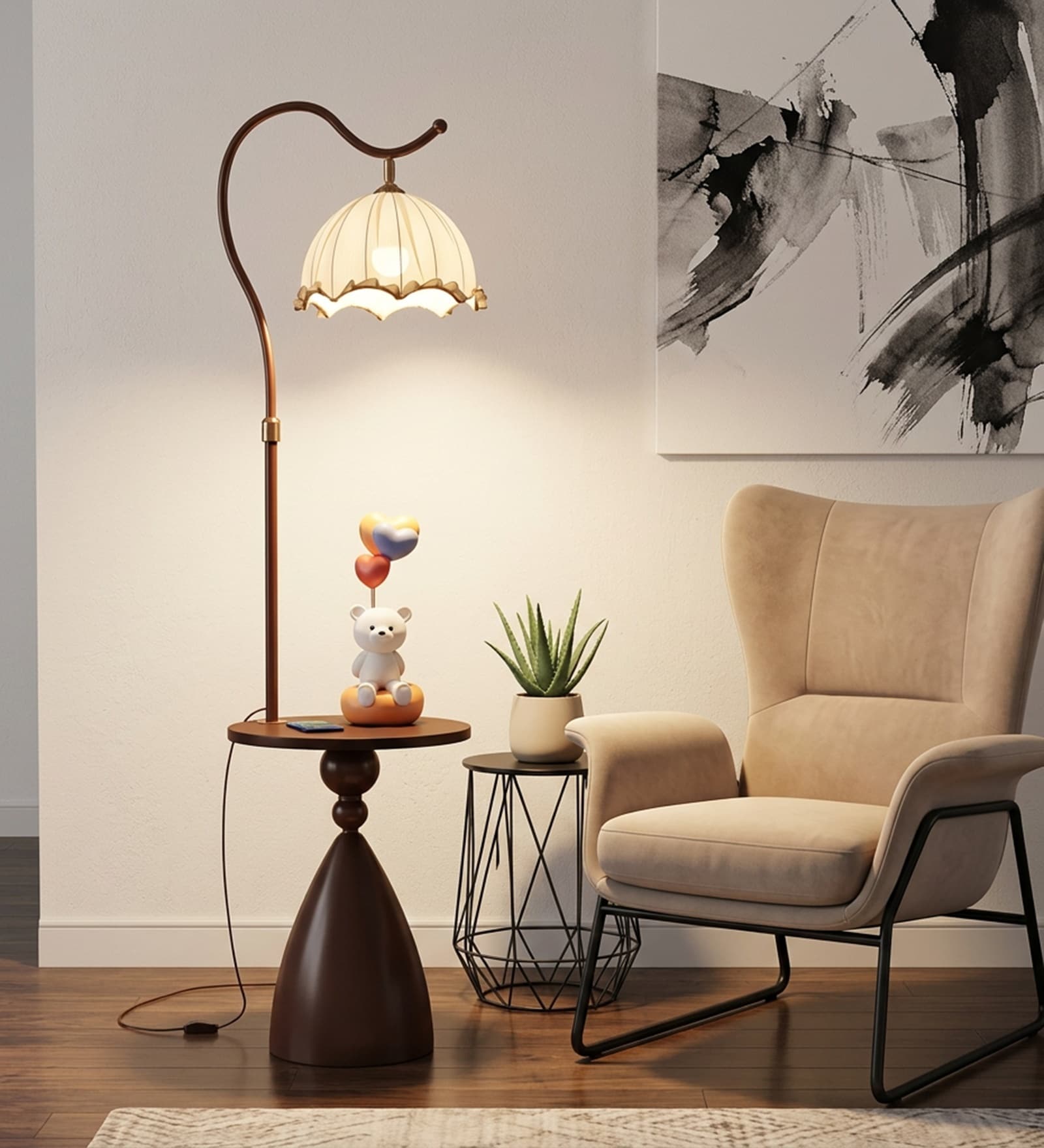 Vienna E-27 Holder Brown Finish Metal Shelf Floor Lamp With Beige Colour Fabric Shade