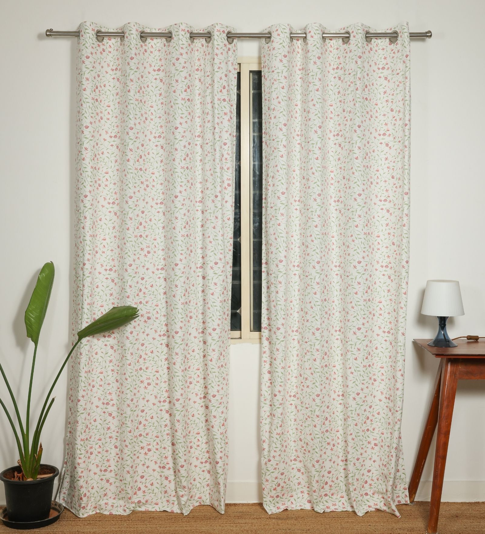 Vienna Pink & Green Cotton 230 GSM  Floral 7 Feet Room Darkening Eyelet Door Curtains (2 Pc)