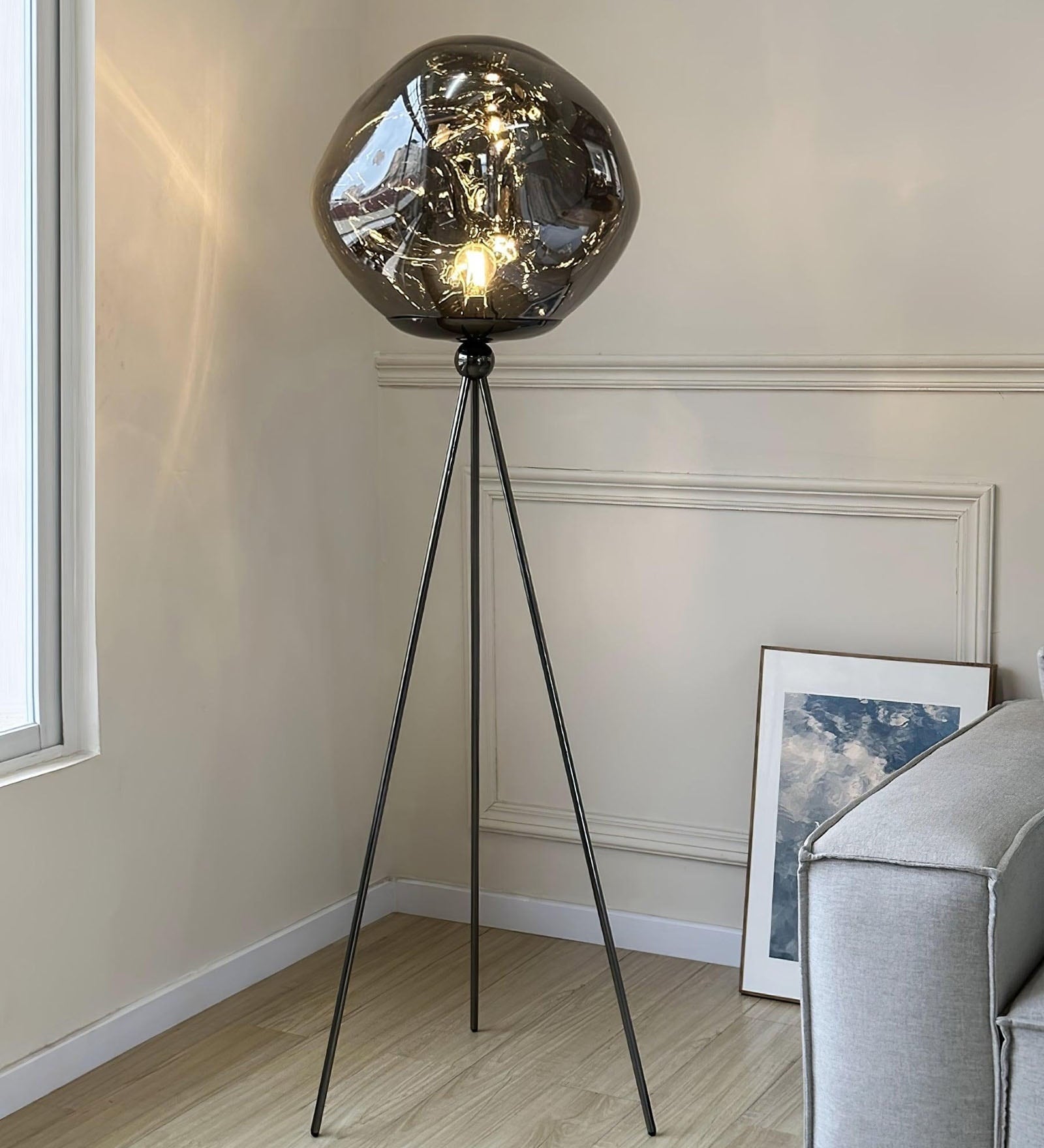 Vienna Tripod Floor Lamp in Black Metal & Glass