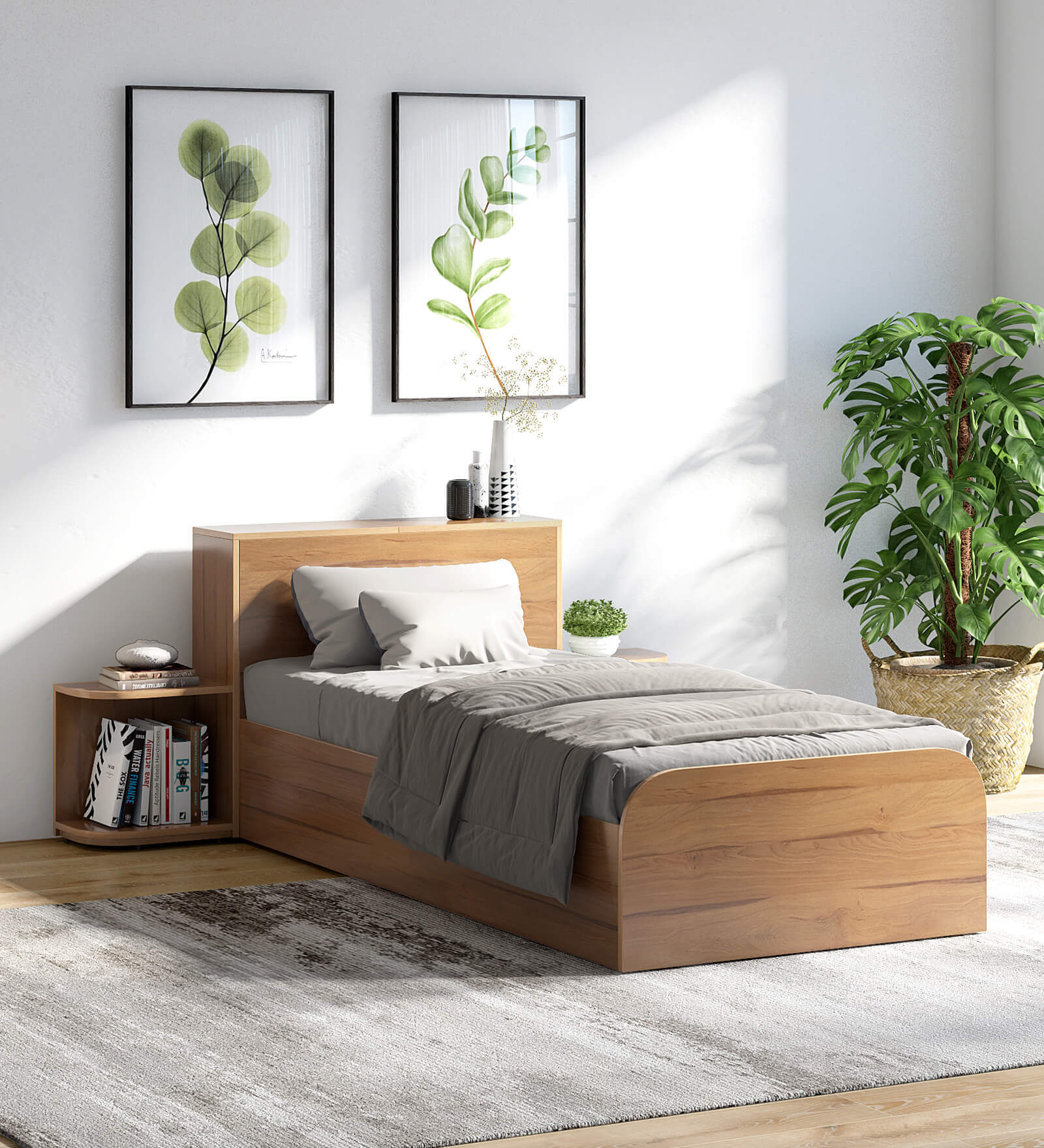 Pure Vienta Single Bed With Storage Headboard Extensions In Brown Color