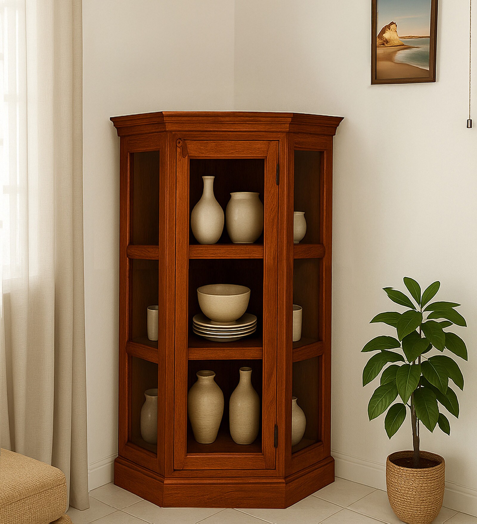 Vilina Mango Wood Corner Cabinet In Honey Oak finish