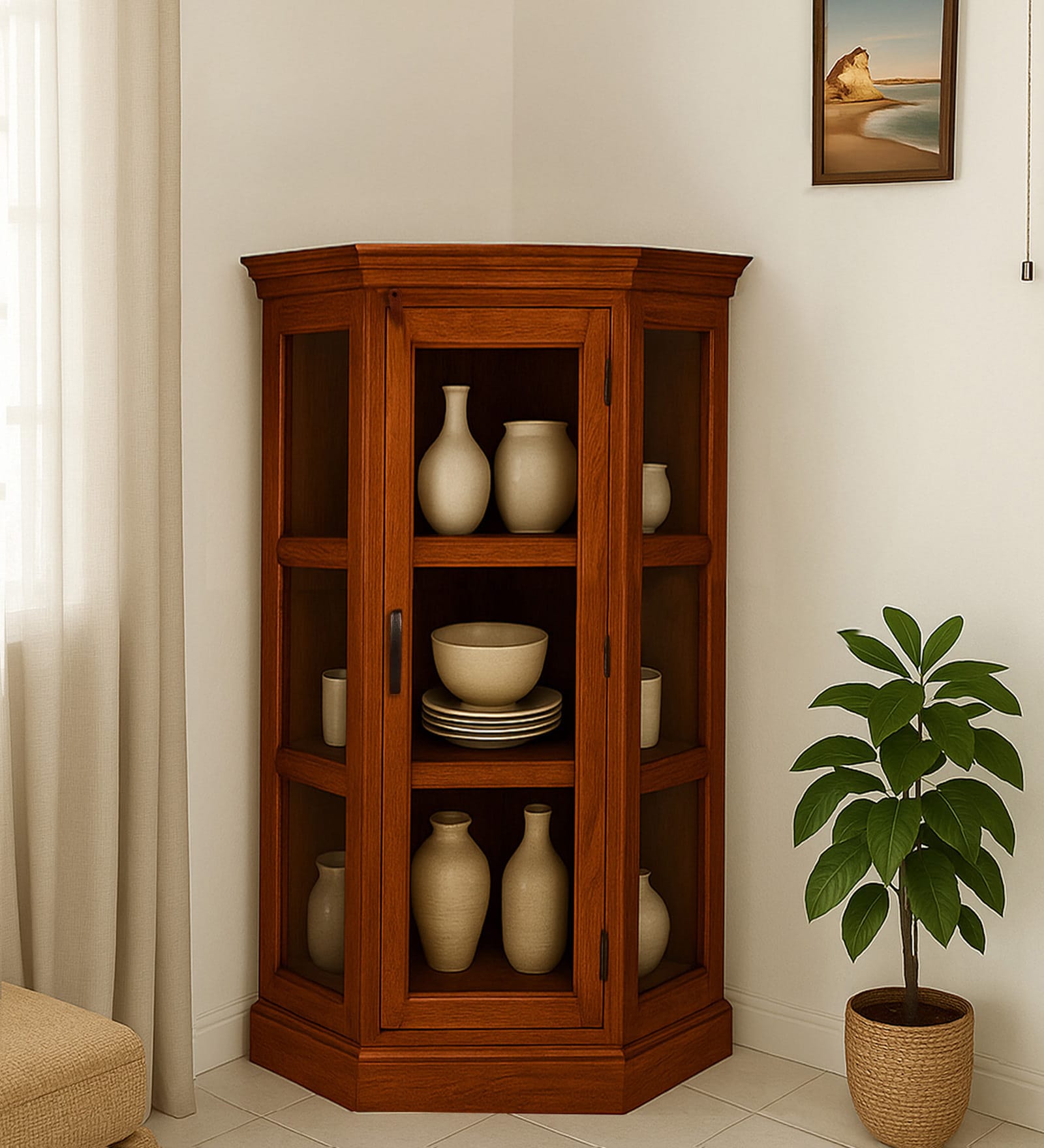 Vilina Mango Wood Corner Cabinet In Honey Oak finish