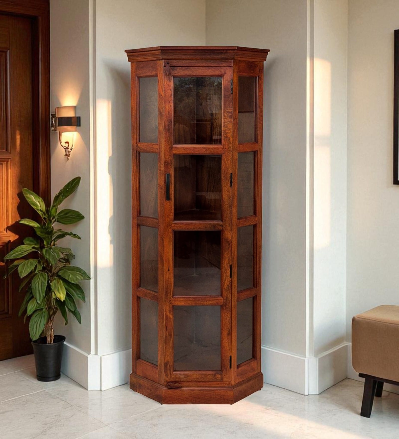 Vilina Mango Wood Tall Corner Cabine In Honey Oak finish