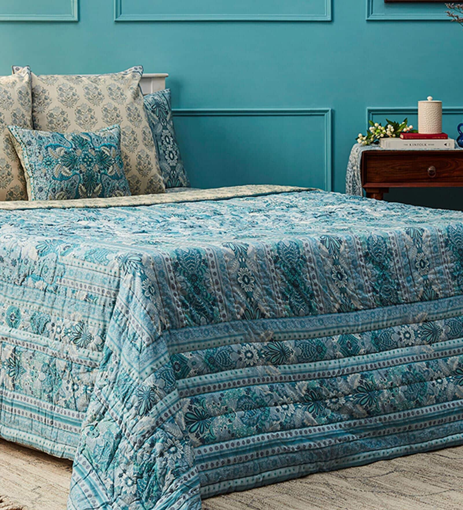 Buy Turquoise Cotton 200 AC Room Double Bed Quilt by Ritu Kumar Home at ...