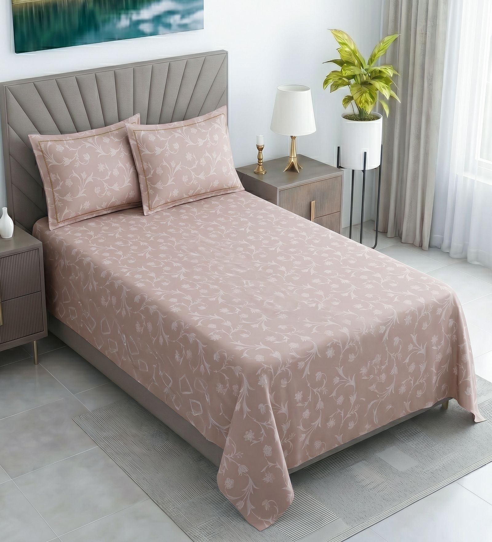 Vine Floral 400 TC Cotton Single Bed Size Flat Bedsheet With 2 Pillow Covers