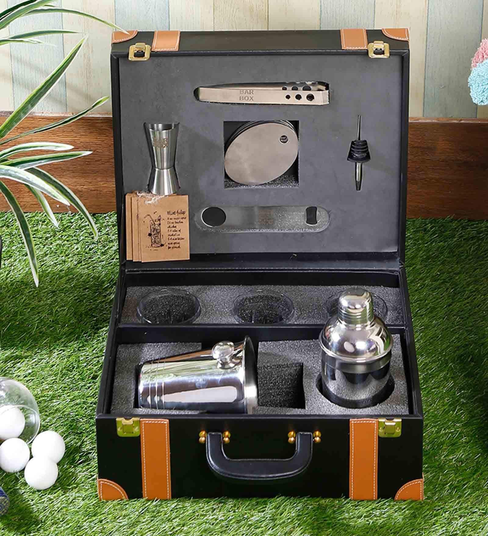 Vintage Portable Black & Brown Stainless Steel (Set of 15) Bar Set