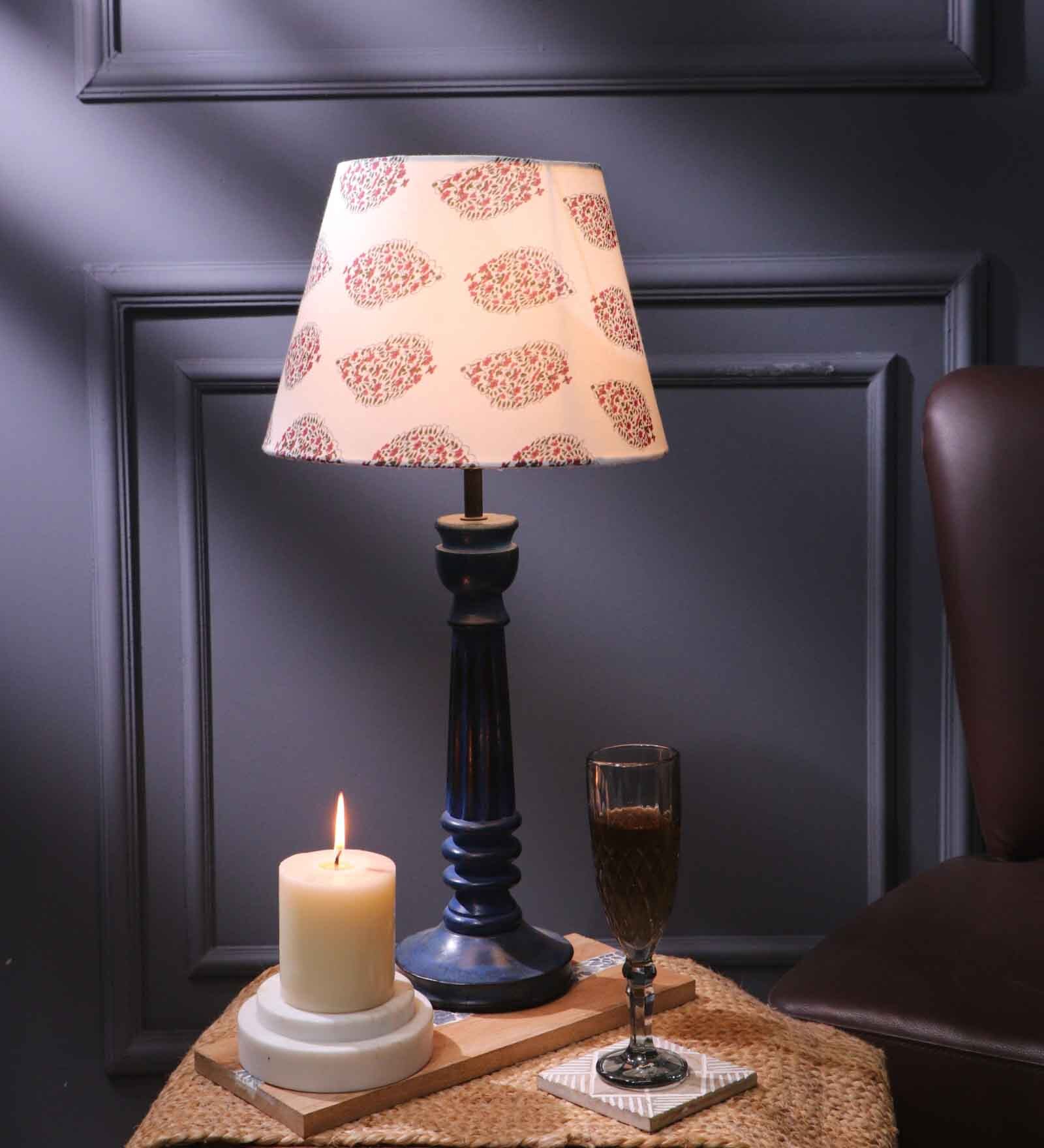 Gothic E27 Holder Wooden Base Table Lamp (Blue Base) with Fabric Shade (White & Red)