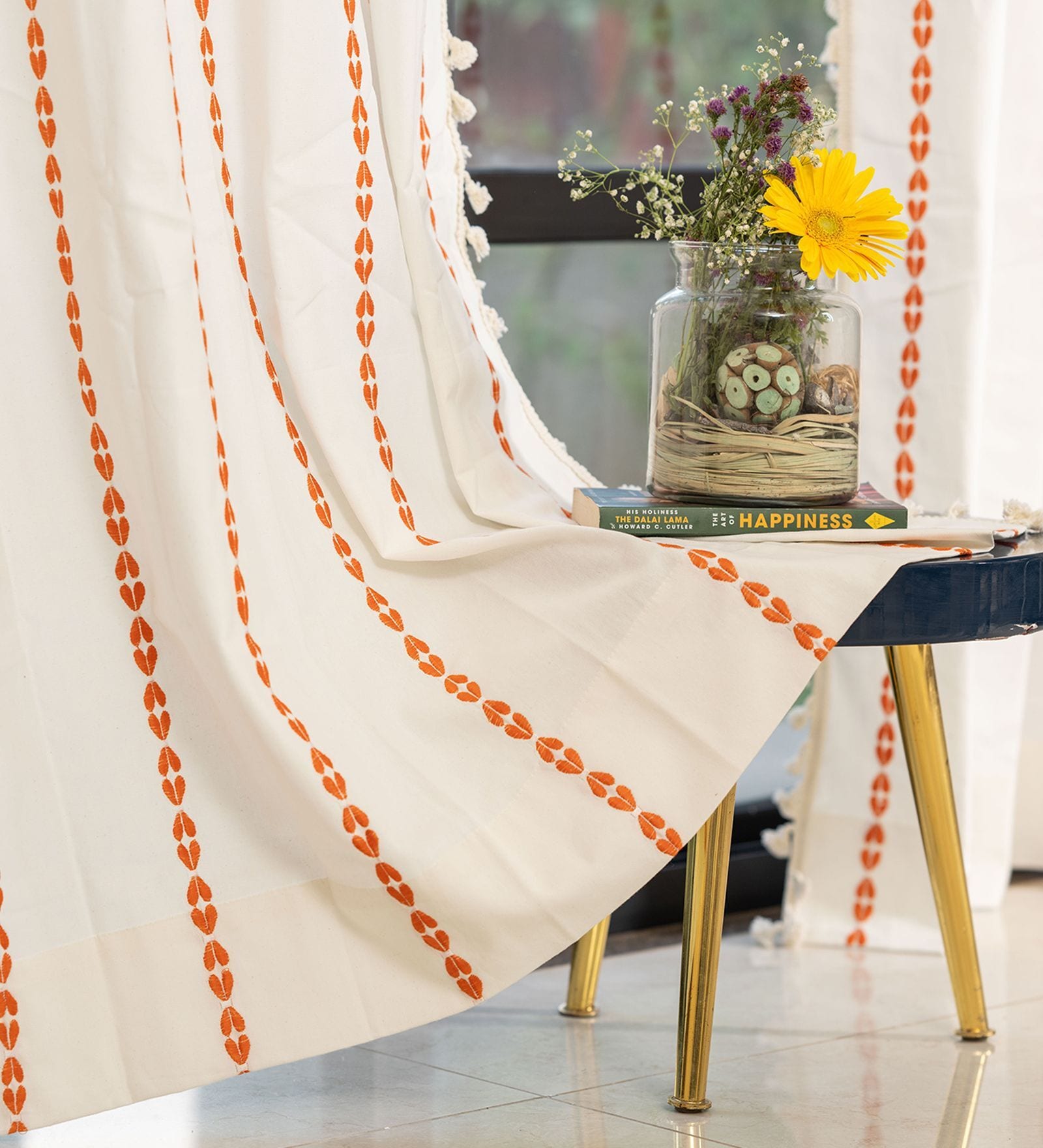Vintage Braid Burnt Orange Embroidery Cotton Curtains for Long Door Pack of 1