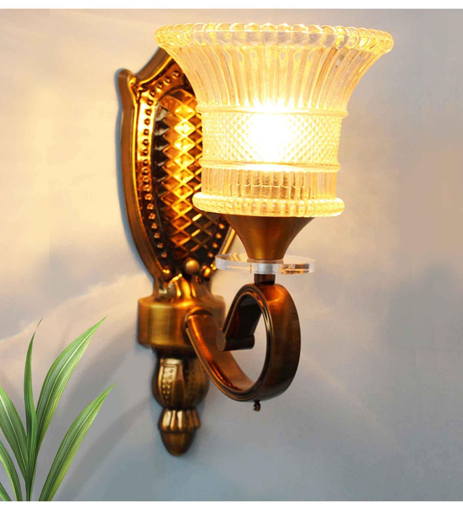 Vintage Brass Wall Sconce with Crystal Pendant and Decorative