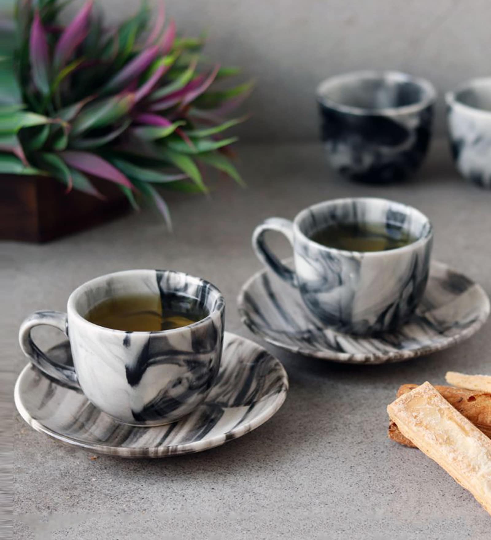 Vintage Chronical 160ml White & Black Ceramic (Set of 12) Tea Cup & Saucer Set