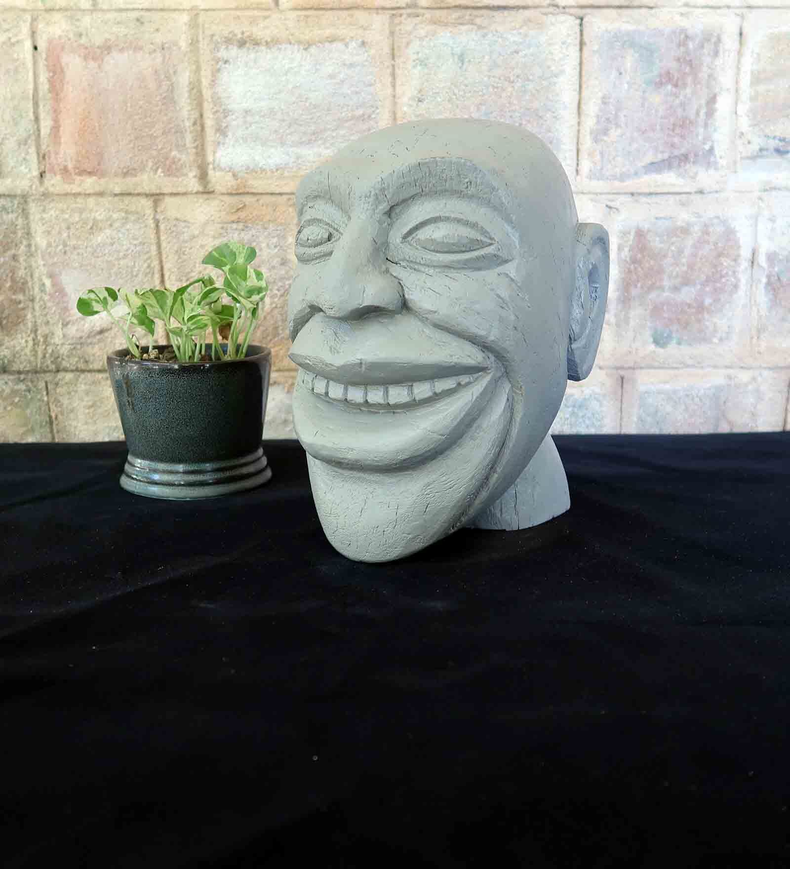 Vintage Hand Carved Mango Wood Laughing Head Figurine