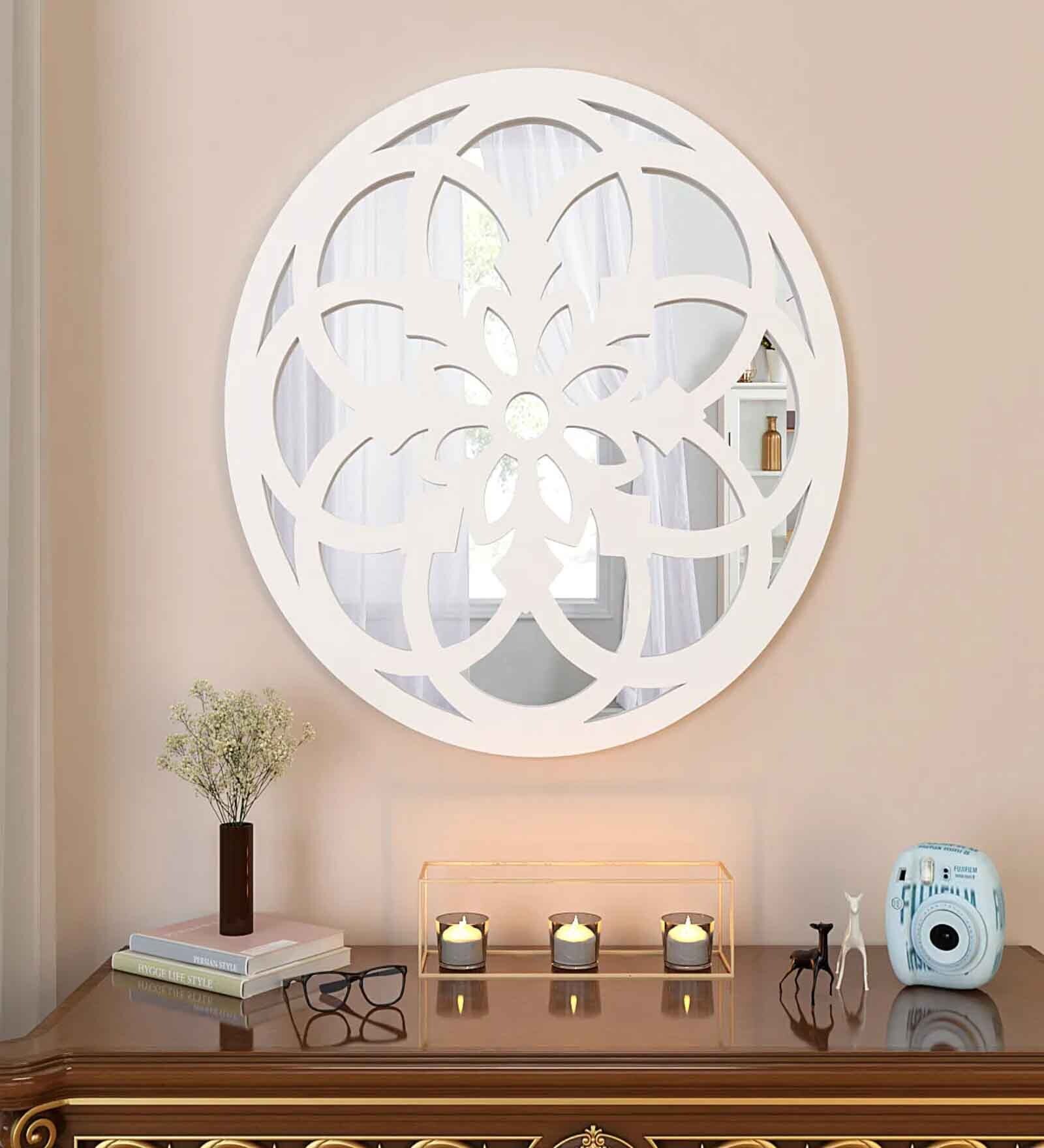 Vintage Mandala Design Wooden Decorative Wall Mirror White Finish