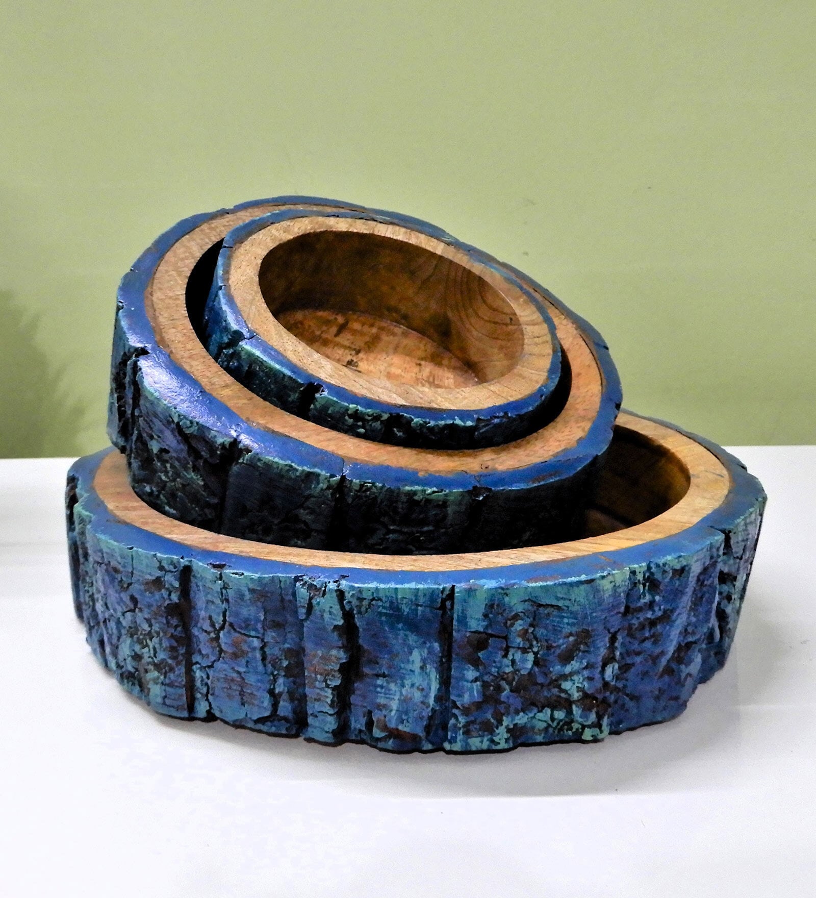 Vintage Mint Blue  Handpainted  Wood  (Set of 3) Dinner Bowls