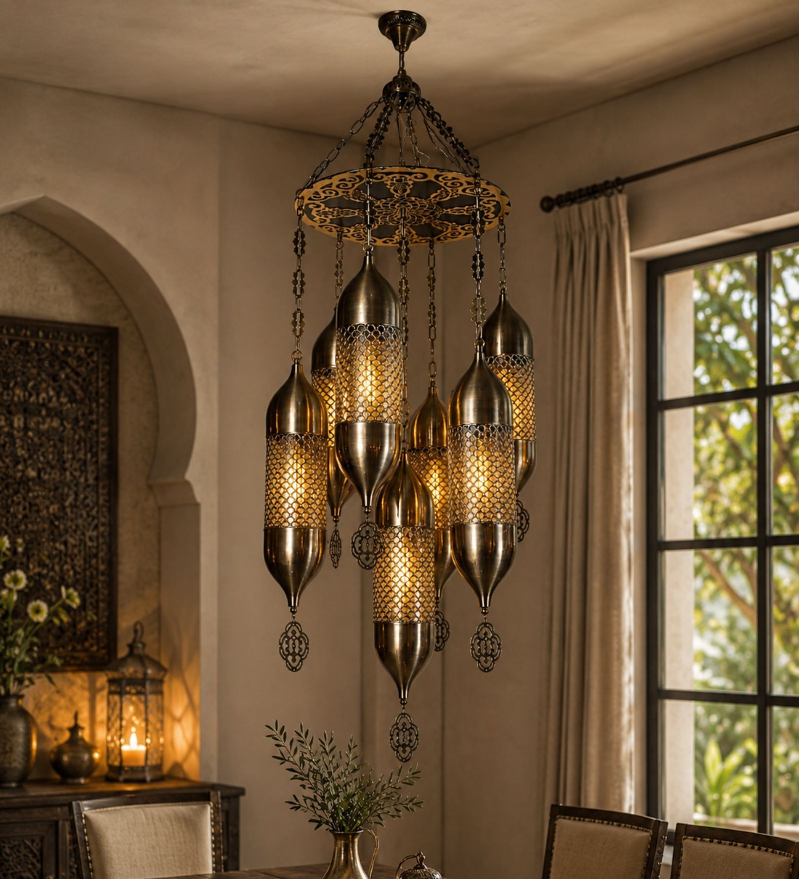 Vintage Moroccan Style Multi-Light Hanging Chandelier in Antique Brass Finish