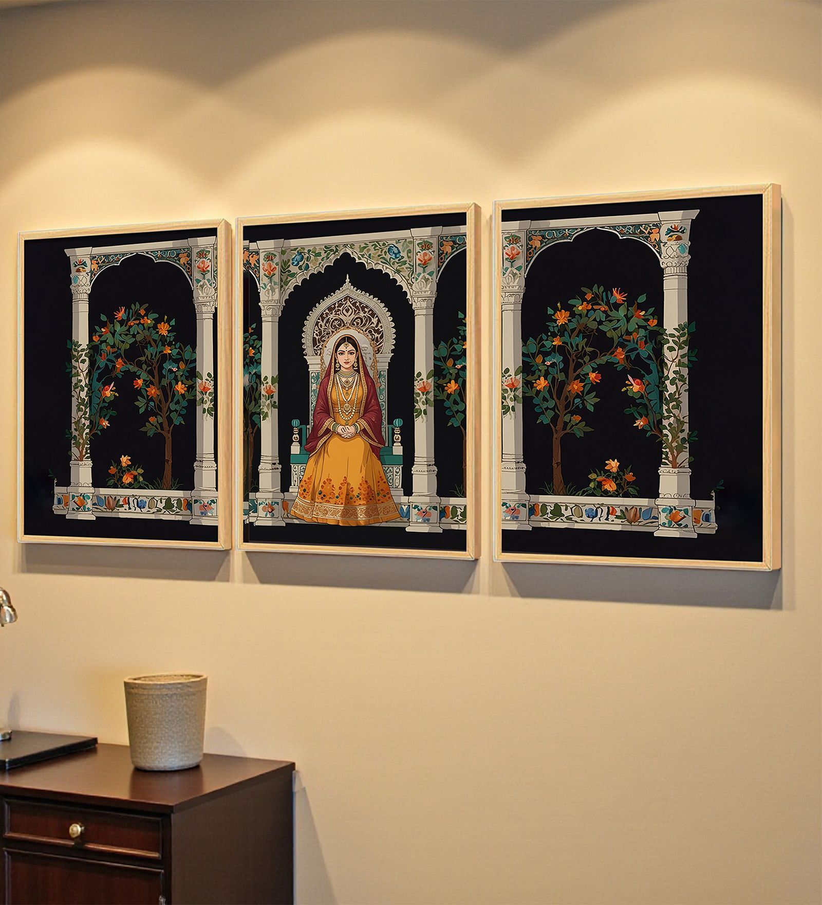 Traditional Indian Royal Lady Wall Art Framed Set of 3