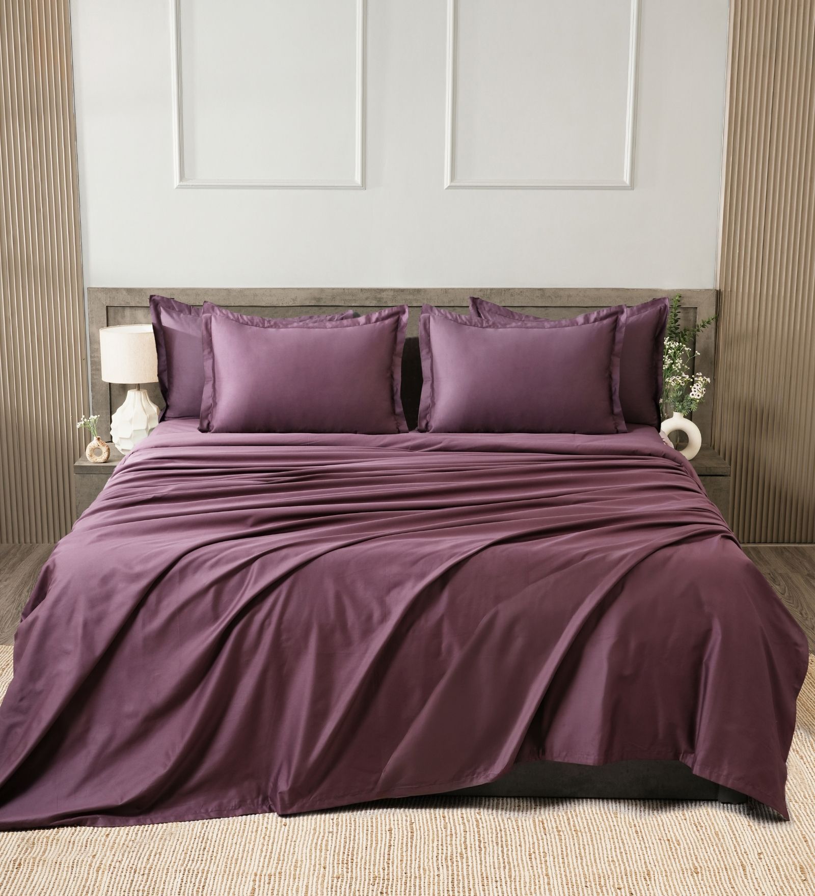 Grey 400TC 100% Cotton Solid Flat Super King Bedsheet With 2 Pillow Covers