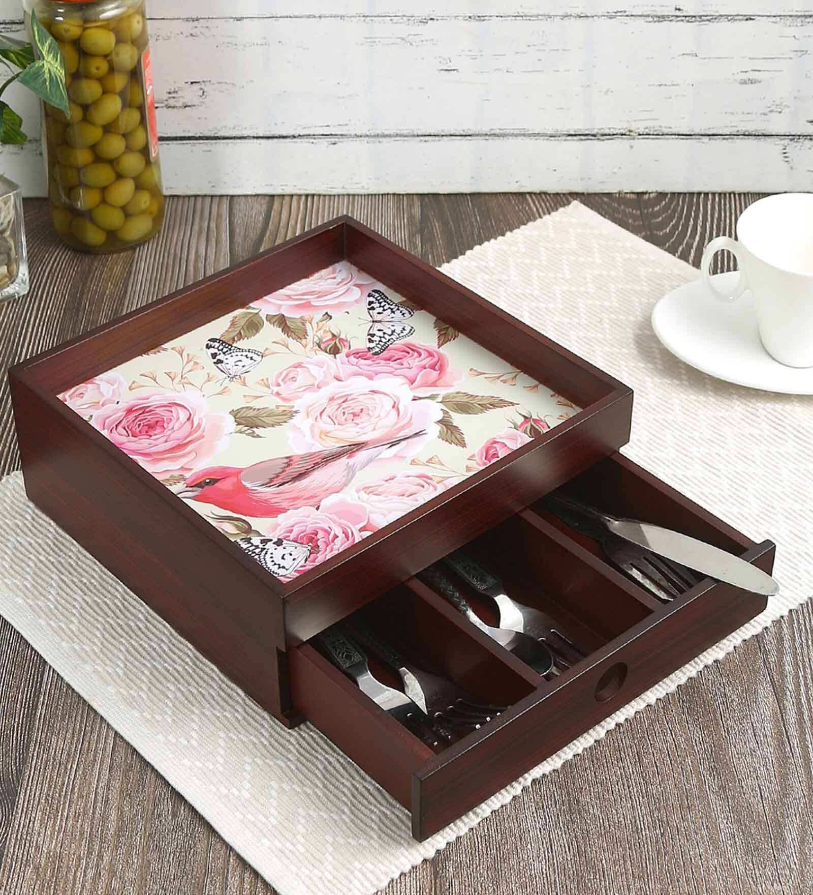 Vintage Roses & Birds Brown MDF Wood Cutlery Holder