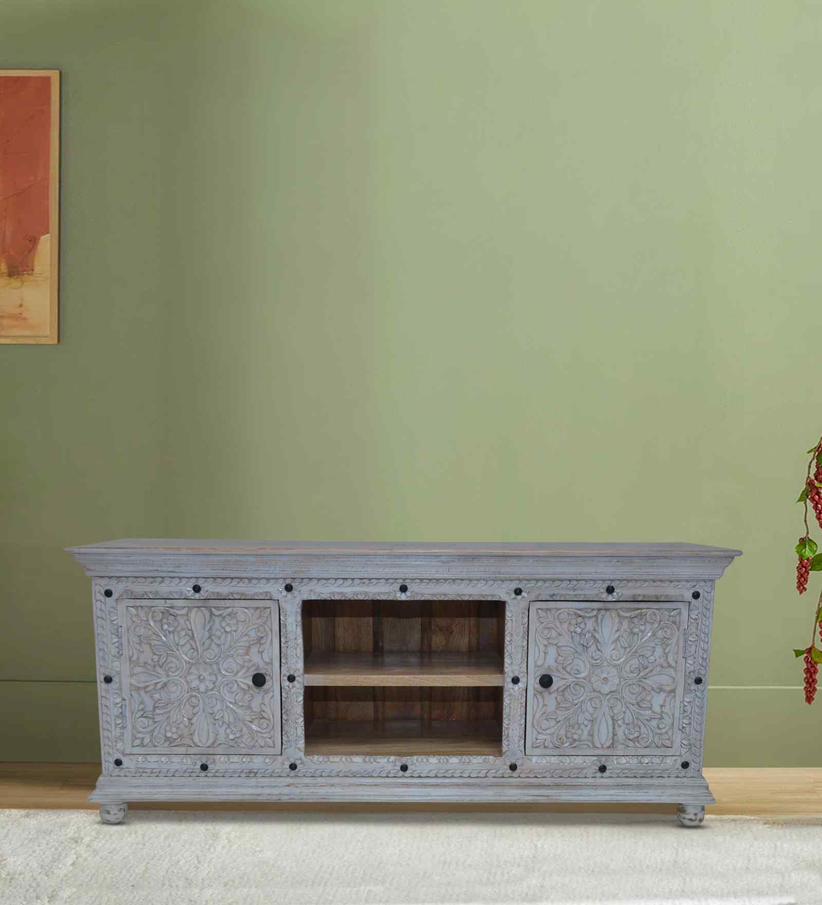 Vintage Royal Solid Wood Hand Carved TV Console in Grey Colour