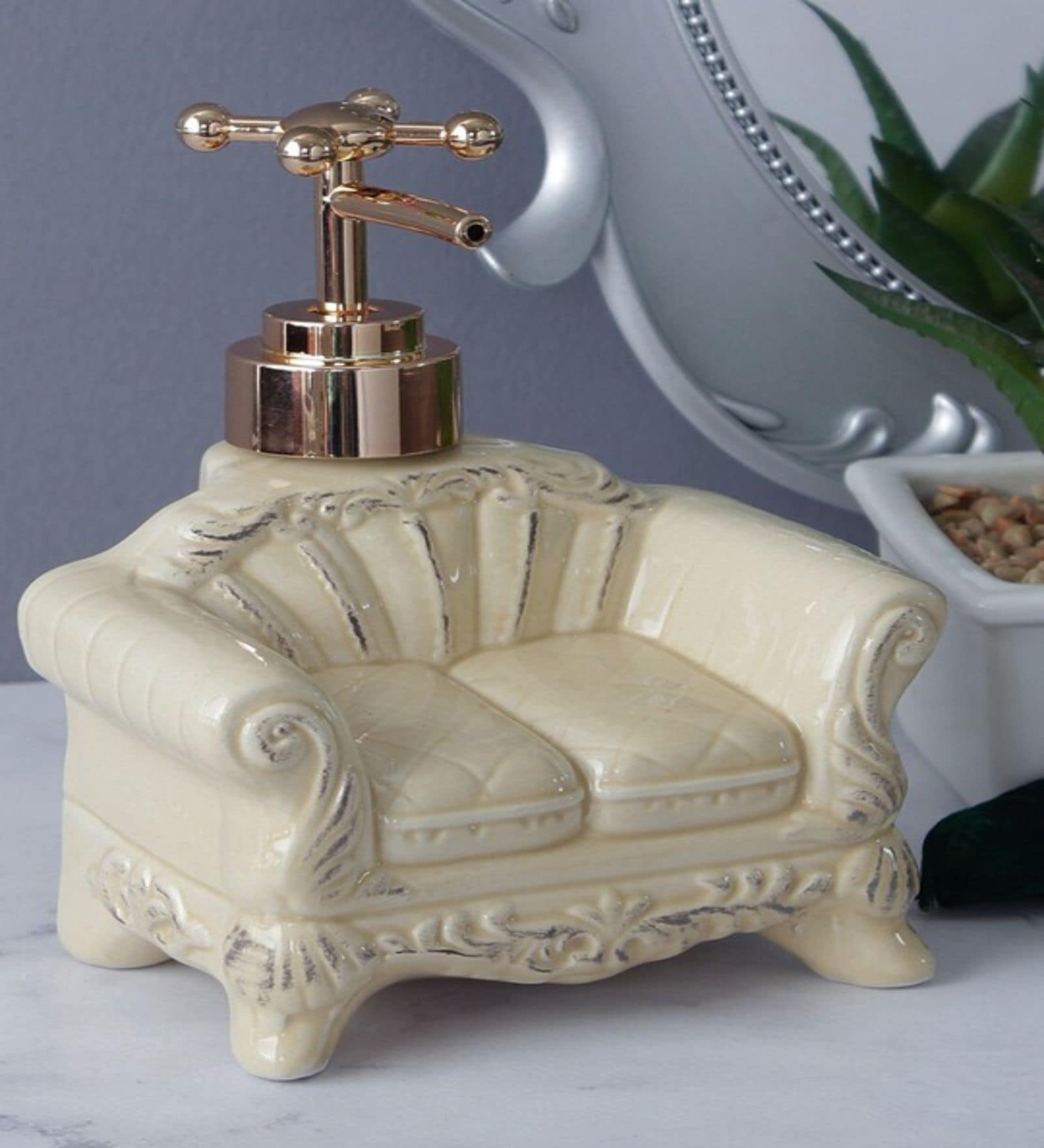Vintage Sofa 250ml Beige & Gold Ceramic Soap Dispenser
