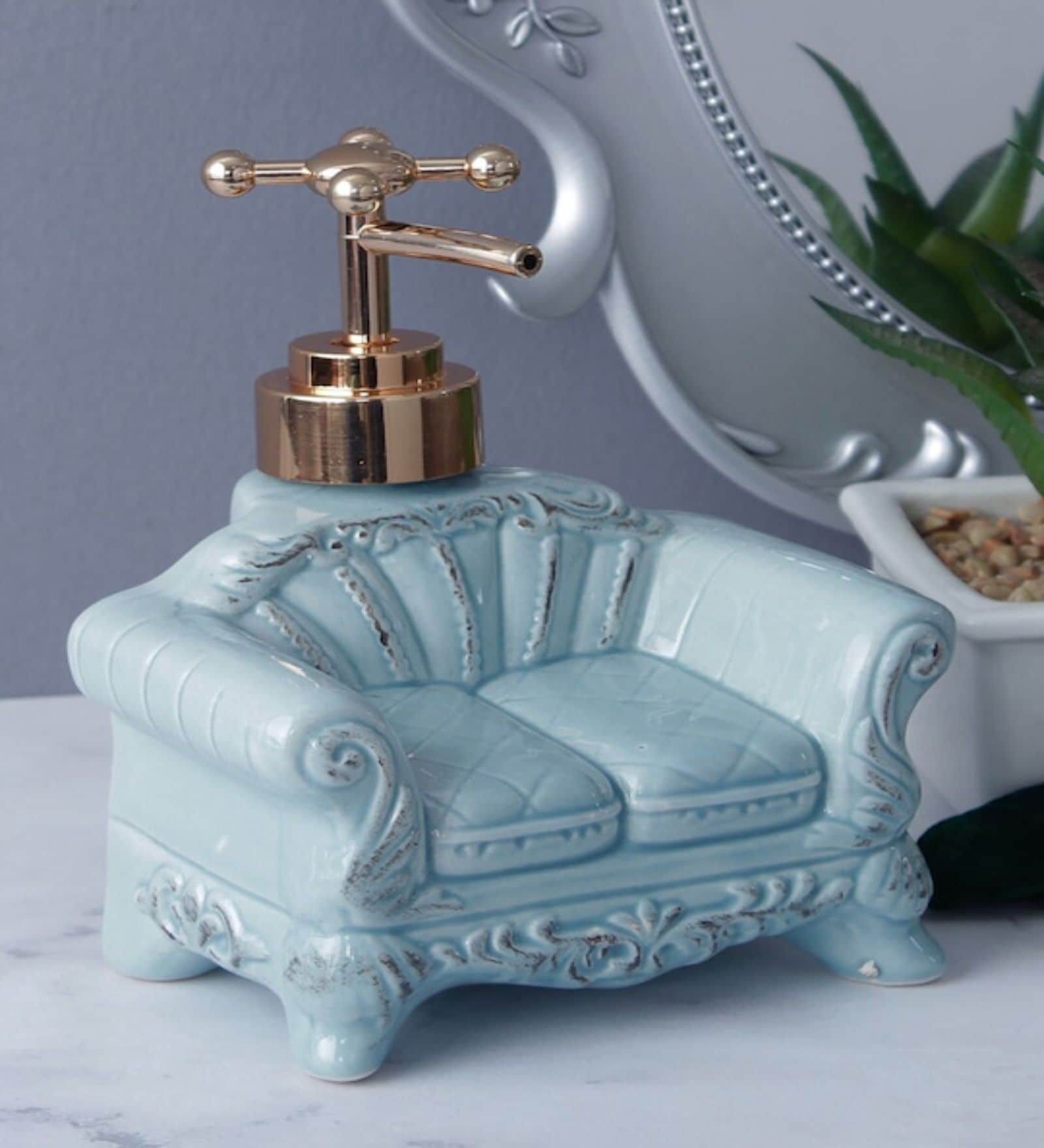 Vintage Sofa 250ml Turquoise Blue & Gold Ceramic Soap Dispenser