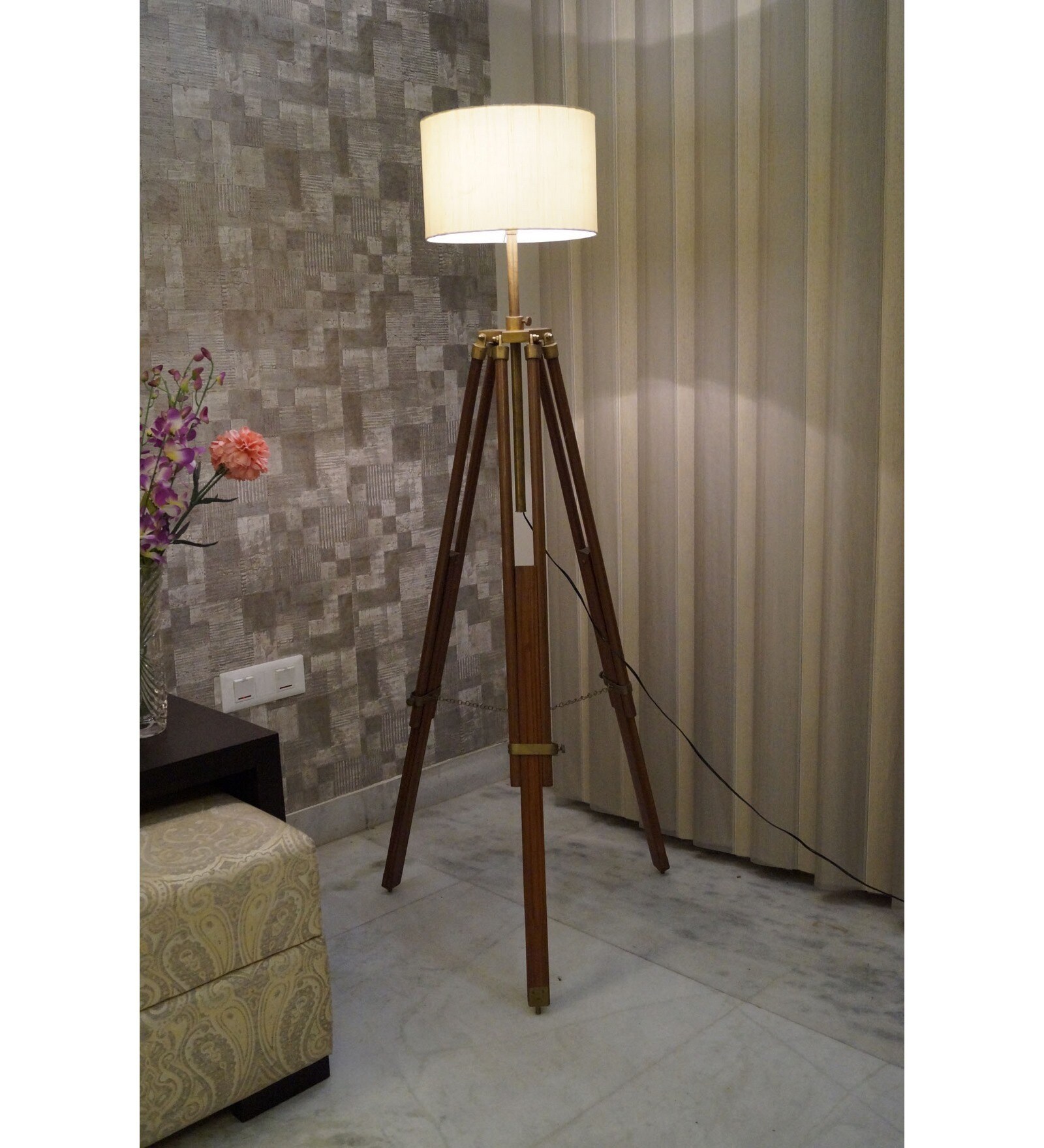Buy Beige Fabric Shade Tripod Floor Lamp with Brown Base at 49% OFF by ...
