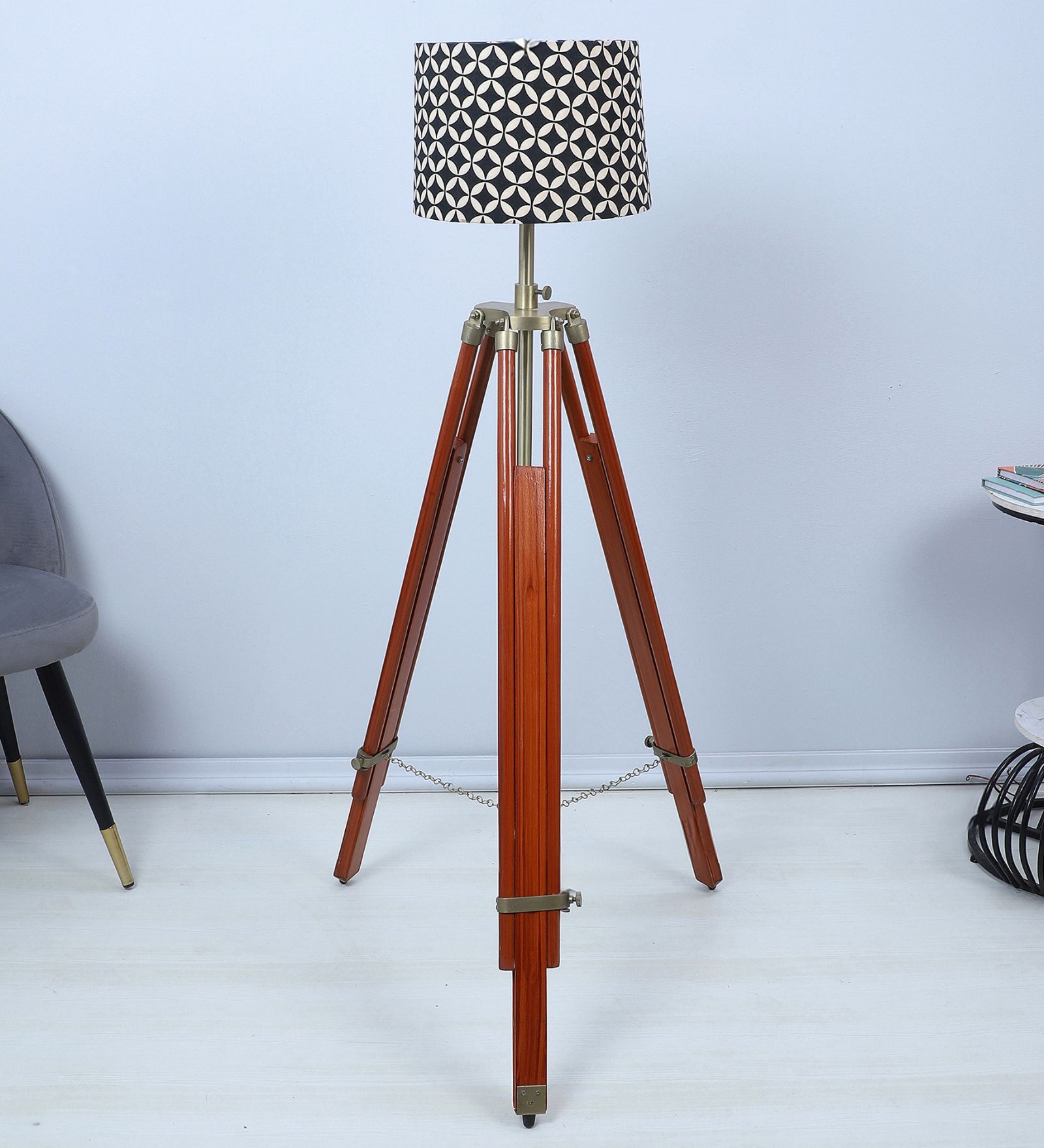 Vintage Tripod Brown Mango Wood Base Floor Lamps Geometric Print Satin Shade