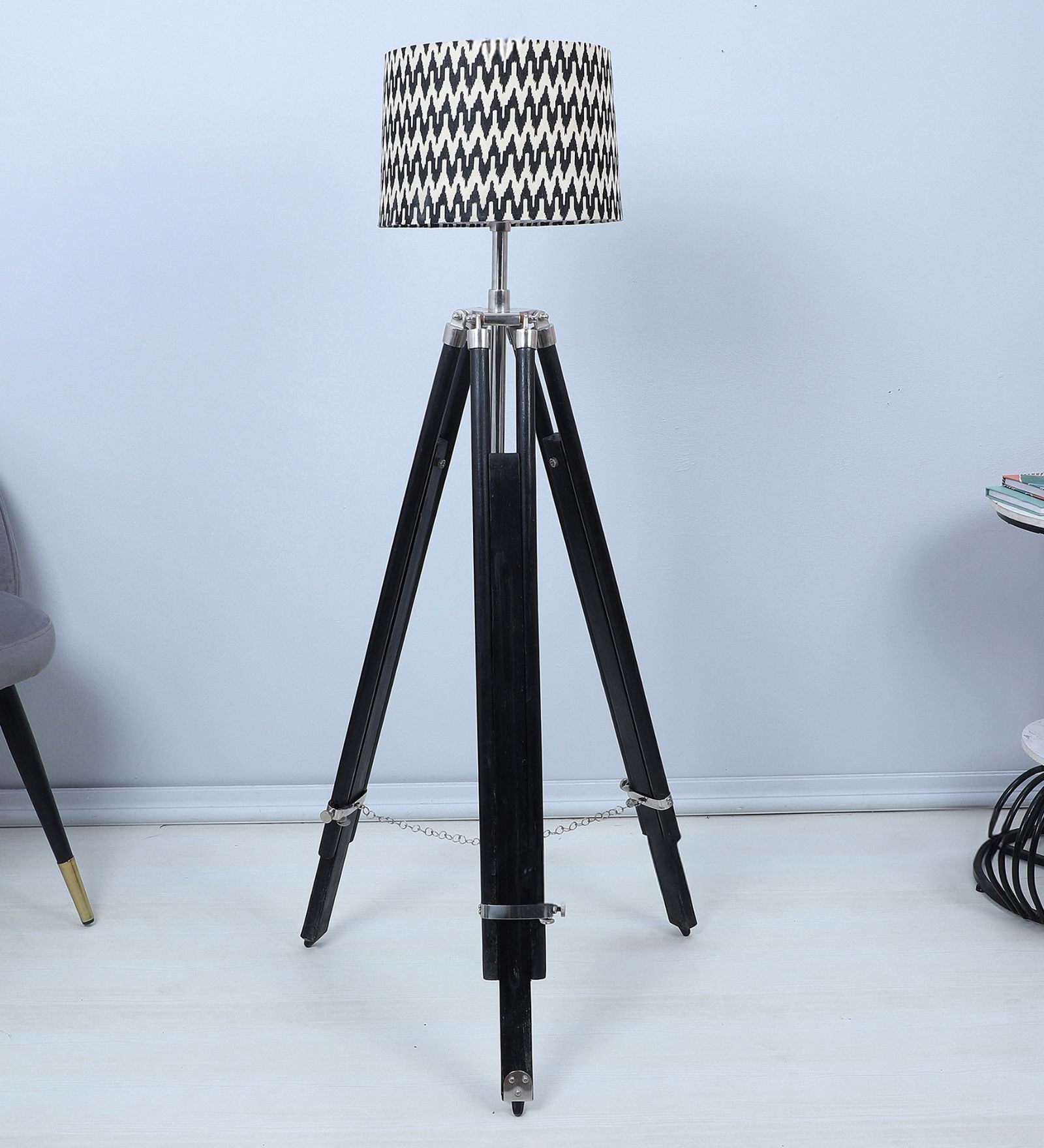 Vintage Tripod Black Mango Wood Base Floor Lamps Chevron Print Satin Shade