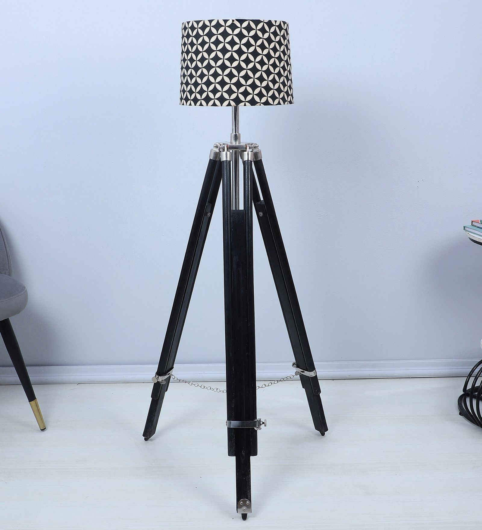 Vintage Tripod Black Mango Wood Base Floor Lamps Geometric Print Satin Shade