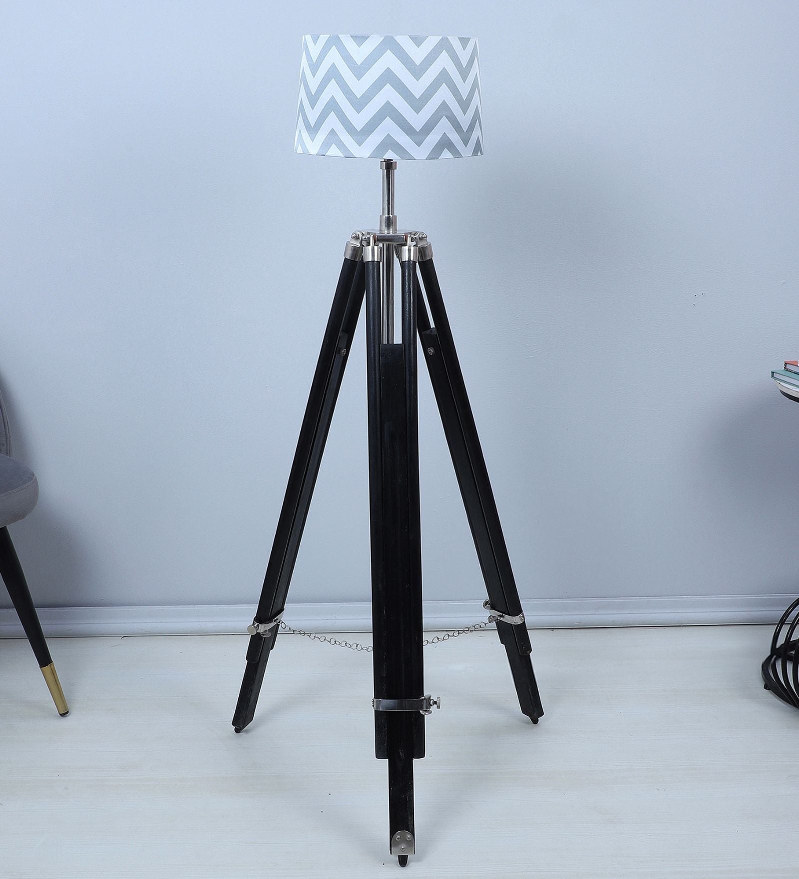 Vintage Tripod Black Mango Wood Base Floor Lamps Maze Print Satin Shade