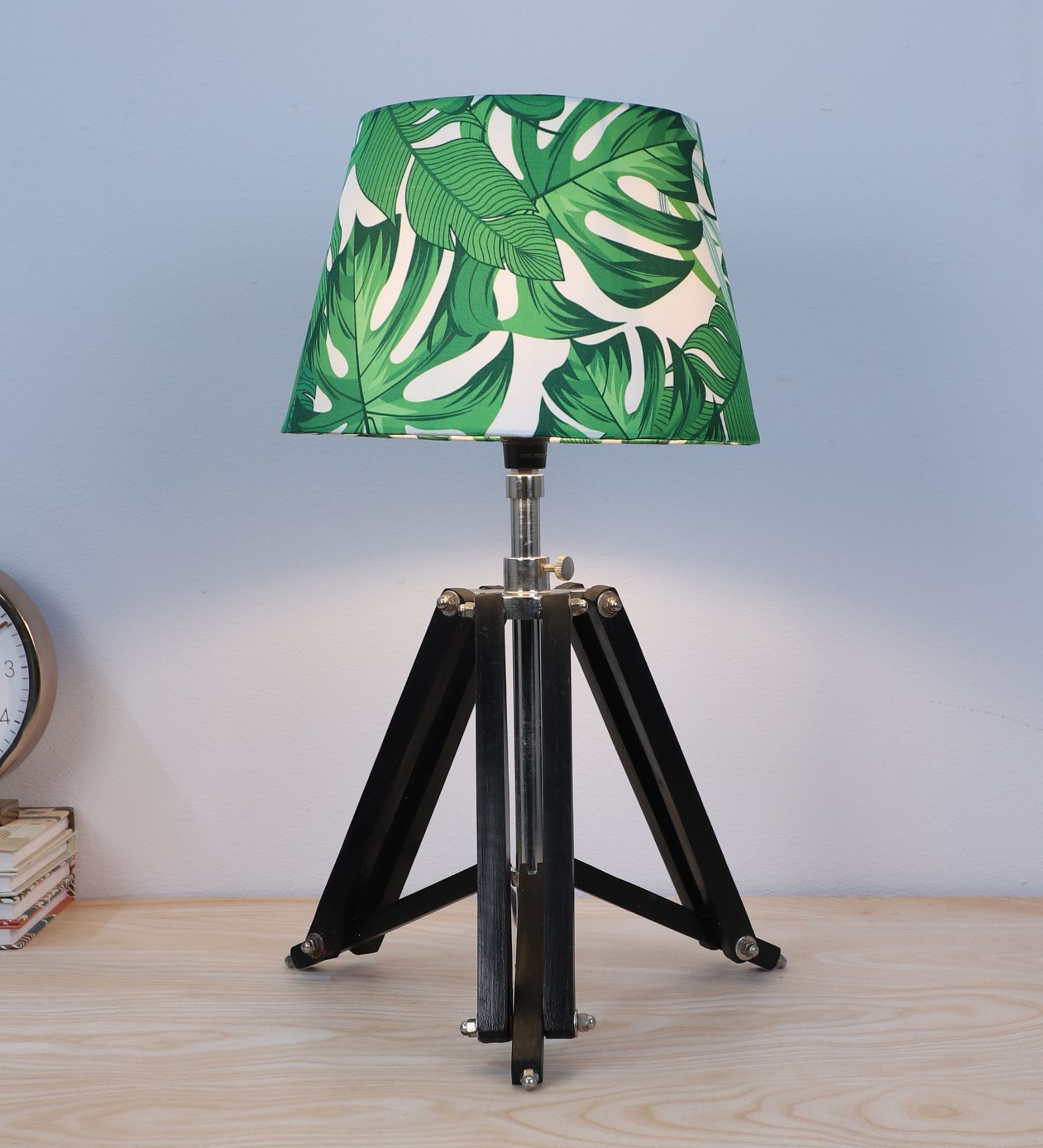 Vintage Tripod Black Mangowood Table Lamp With Narcissue Floral Print Satin Shade