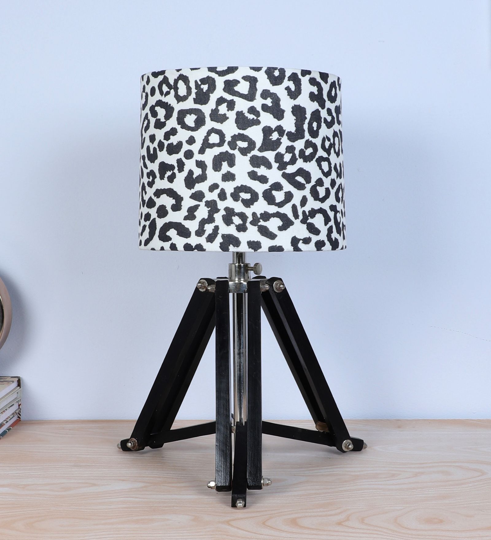 Vintage Tripod Black Mangowood Table Lamp With Leopard Print Satin Shade