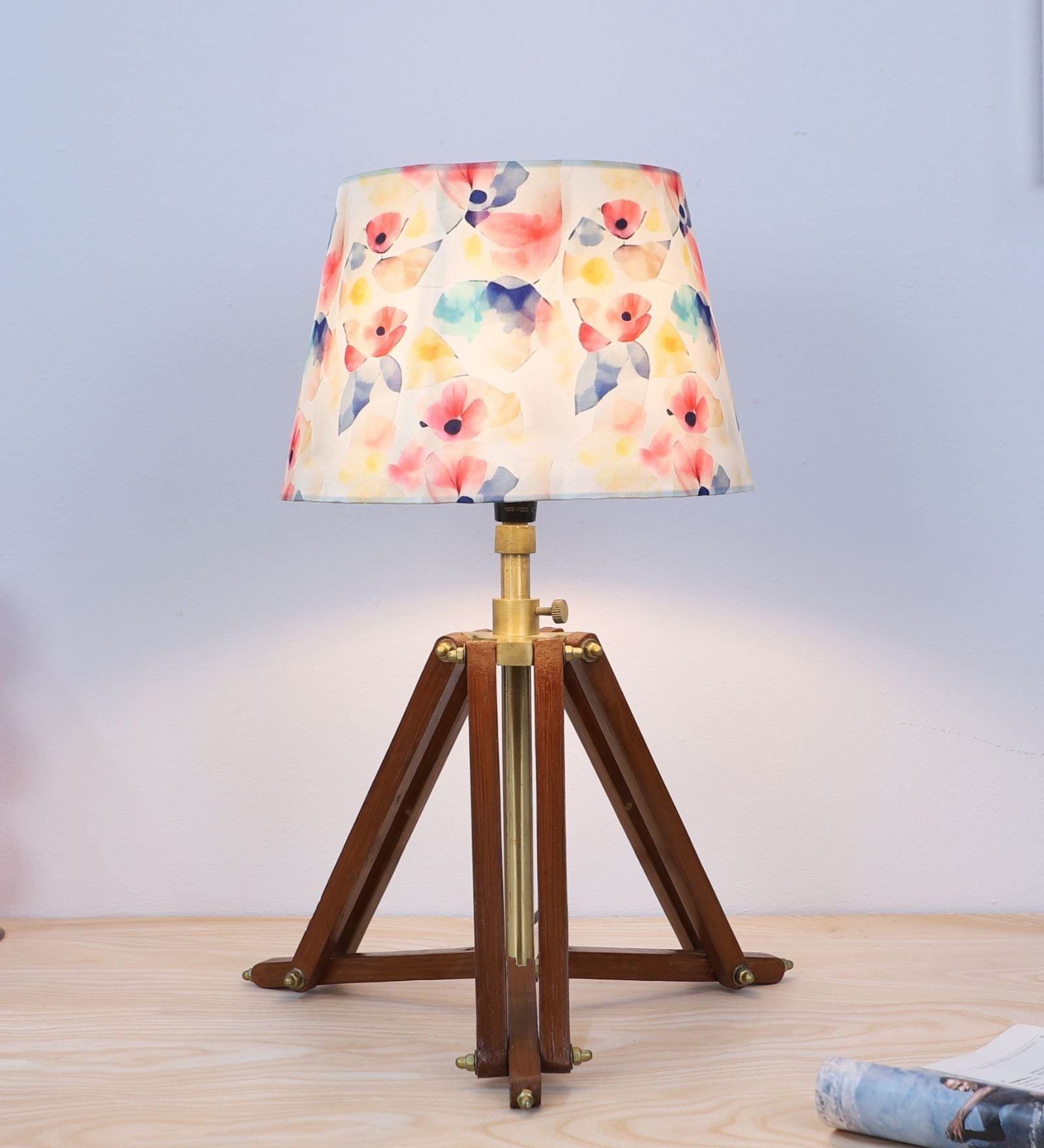 Vintage Tripod Brown Mangowood Table Lamp With Flower Print Satin Shade