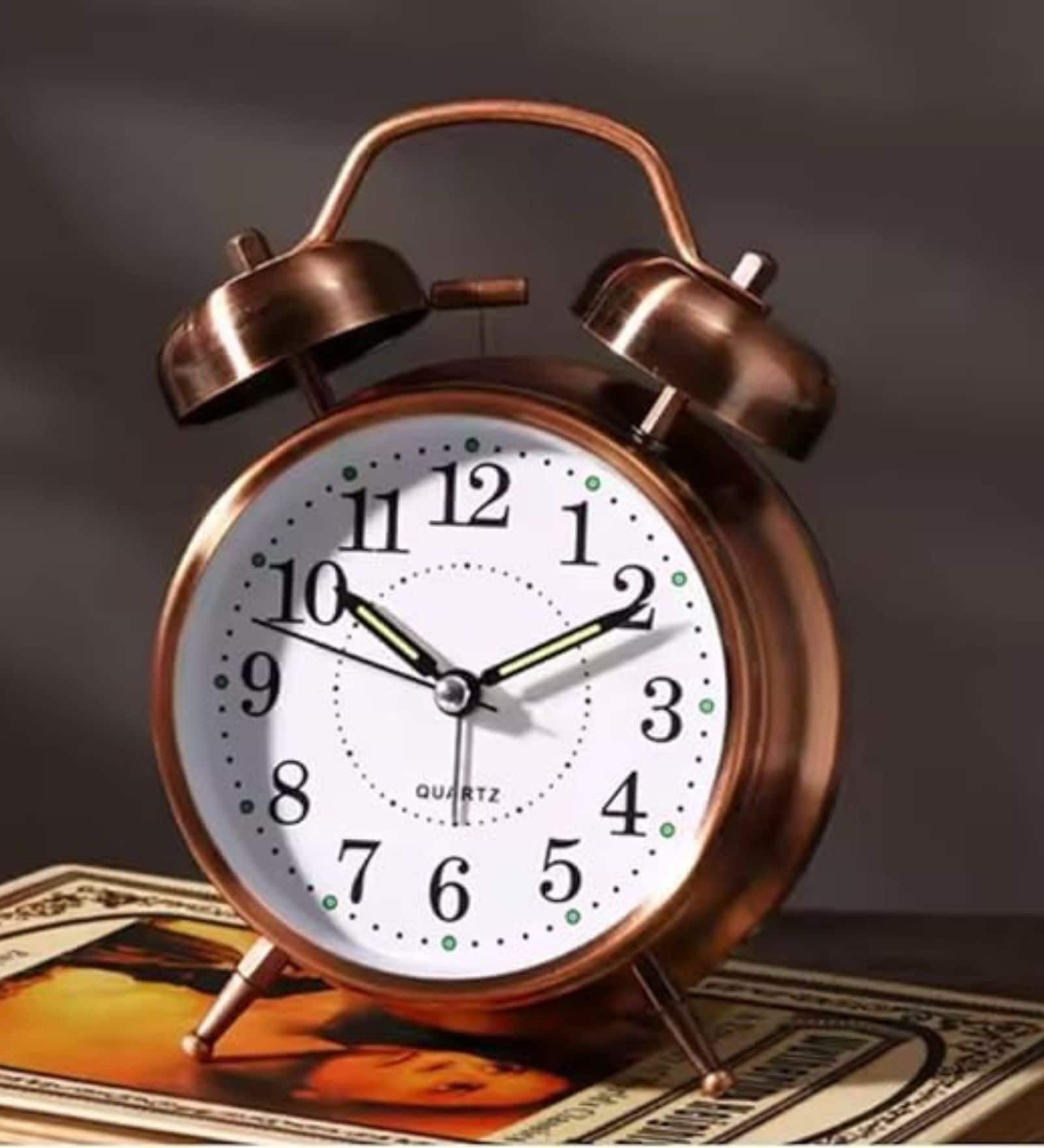 Vintage Twin Bell Analog Display Table Alarm Clock with Backlight -copper