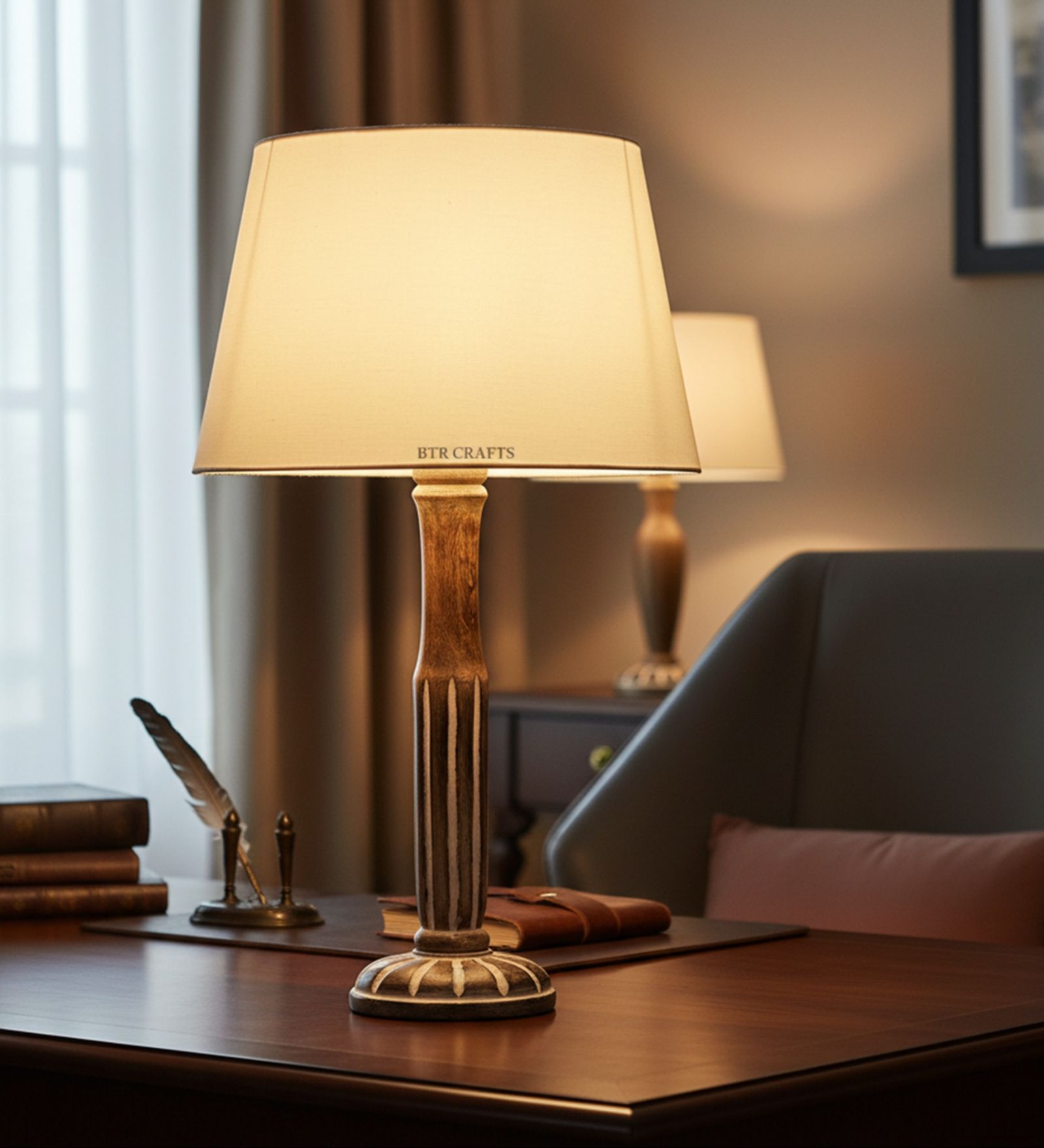 Vintage Wooden Table Lamp  with Cream Fabric Shade | Modern Farmhouse Bedside Lamp for Living Room, Bedroom & Home D cor