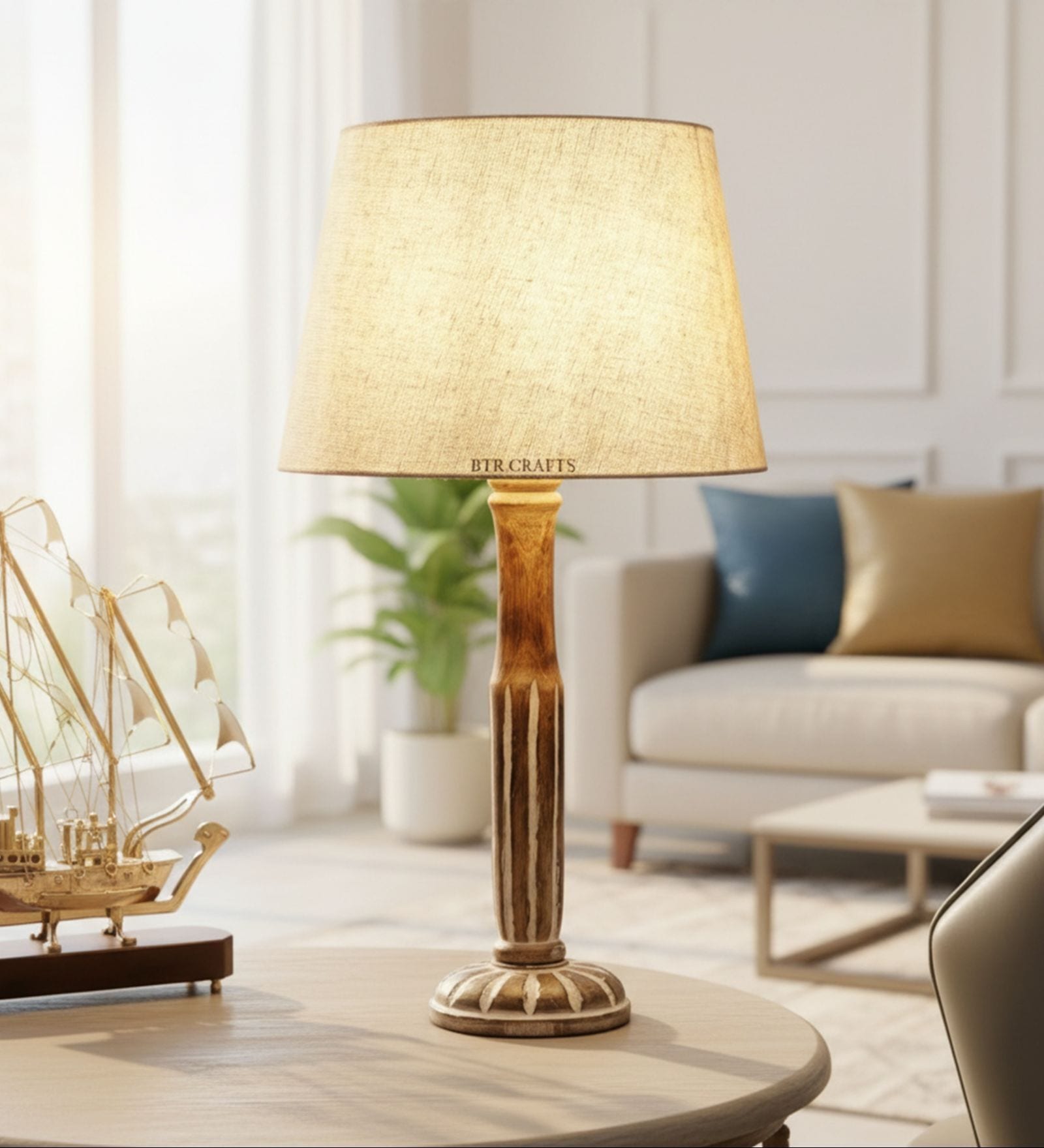 Vintage Wooden Table Lamp  with Premium Jute Fabric Shade | Modern Farmhouse Bedside Lamp for Living Room, Bedroom & Home D cor