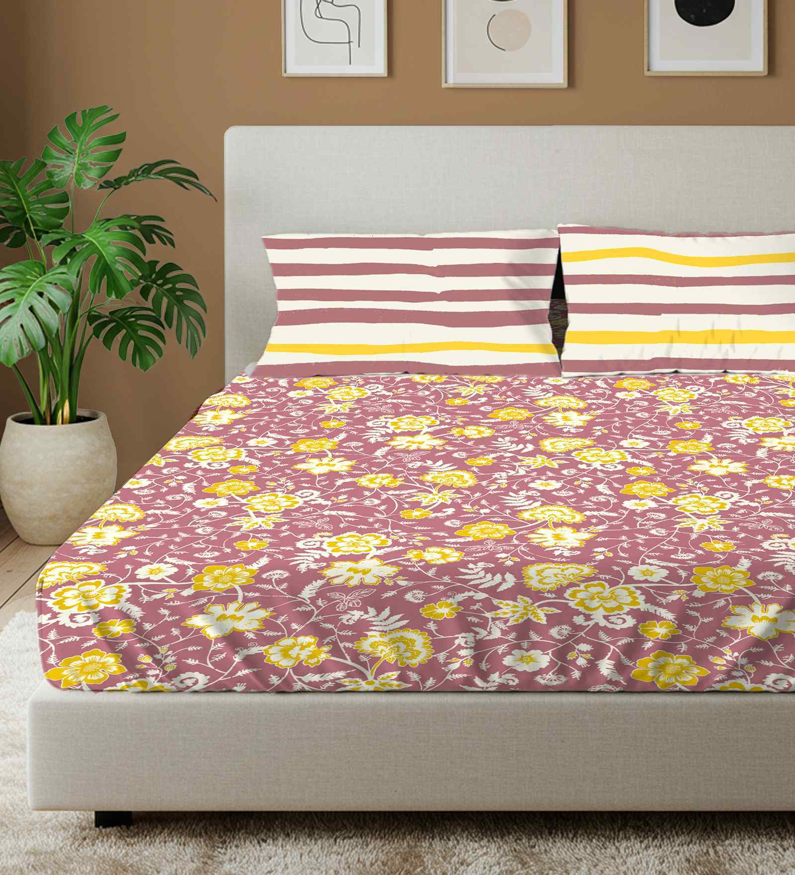 Viola Muddy Pink Floral 144 Tc Cotton Double Bedsheet With 2 Pillow Covers