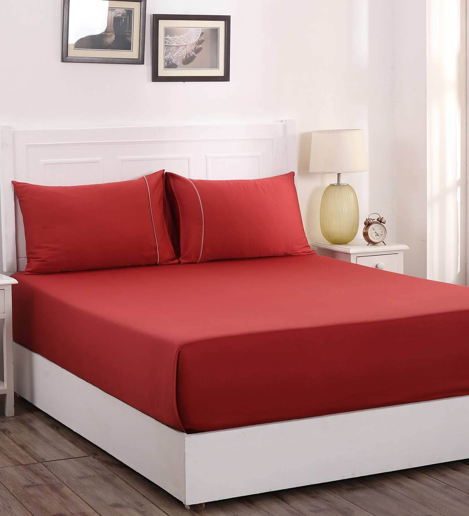 Red Solid 300 TC 100% Cotton Single Bed Sized Bed Sheets With 1 Pillow Cover
