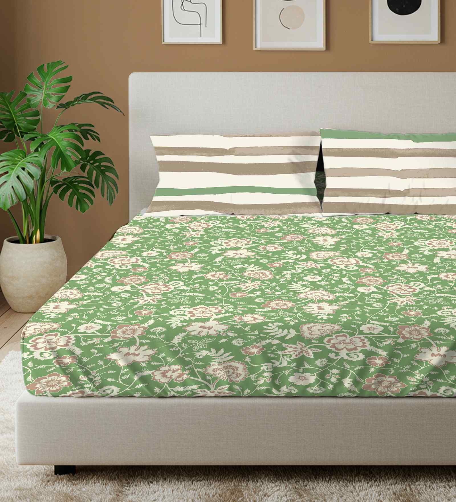 Viola Sage Green Floral 144 Tc Cotton King Bedsheet With 2 Pillow Covers