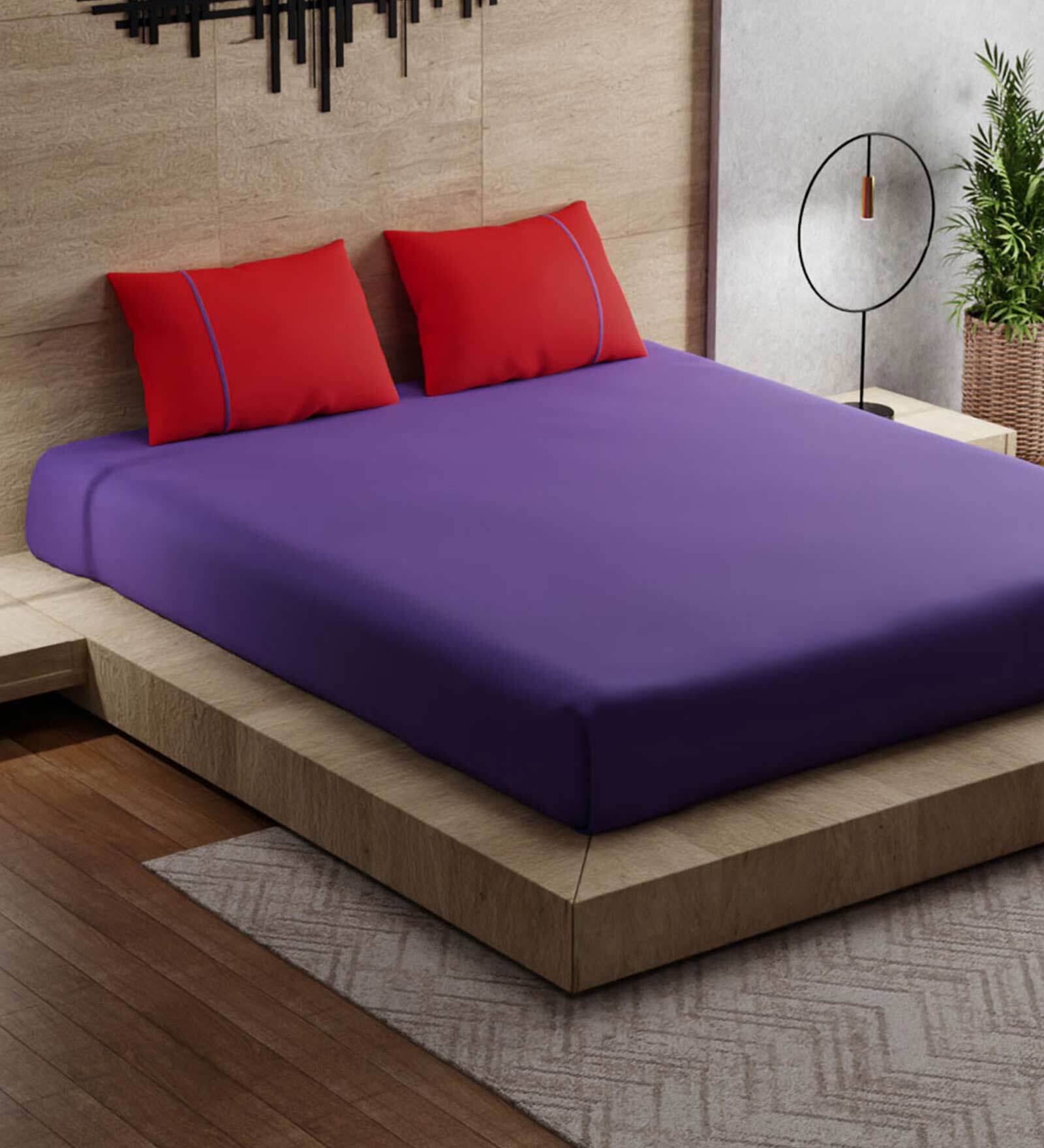 Buy Violet Solid 144 TC Cotton Queen Sized Bed Sheets with 2 Pillow
