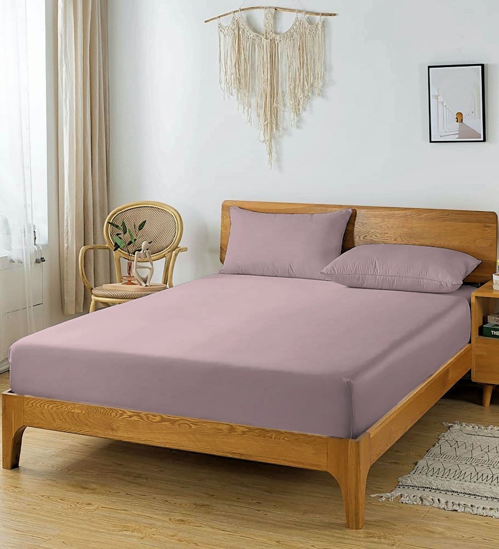 Violet Glace Cotton Solid Elastic Fitted King Bedsheet With 2 Pillow Covers