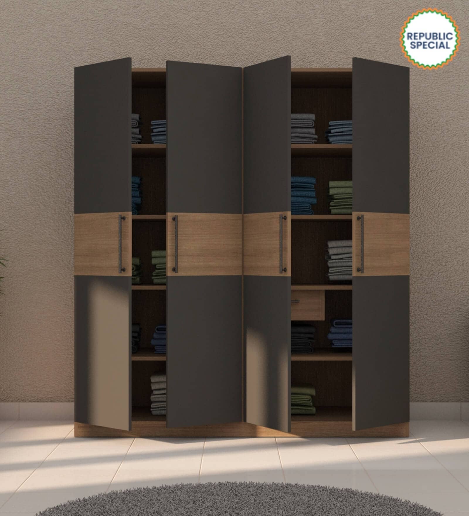 Virgo 4 Door Wardrobe In Grey Finish With Drawer