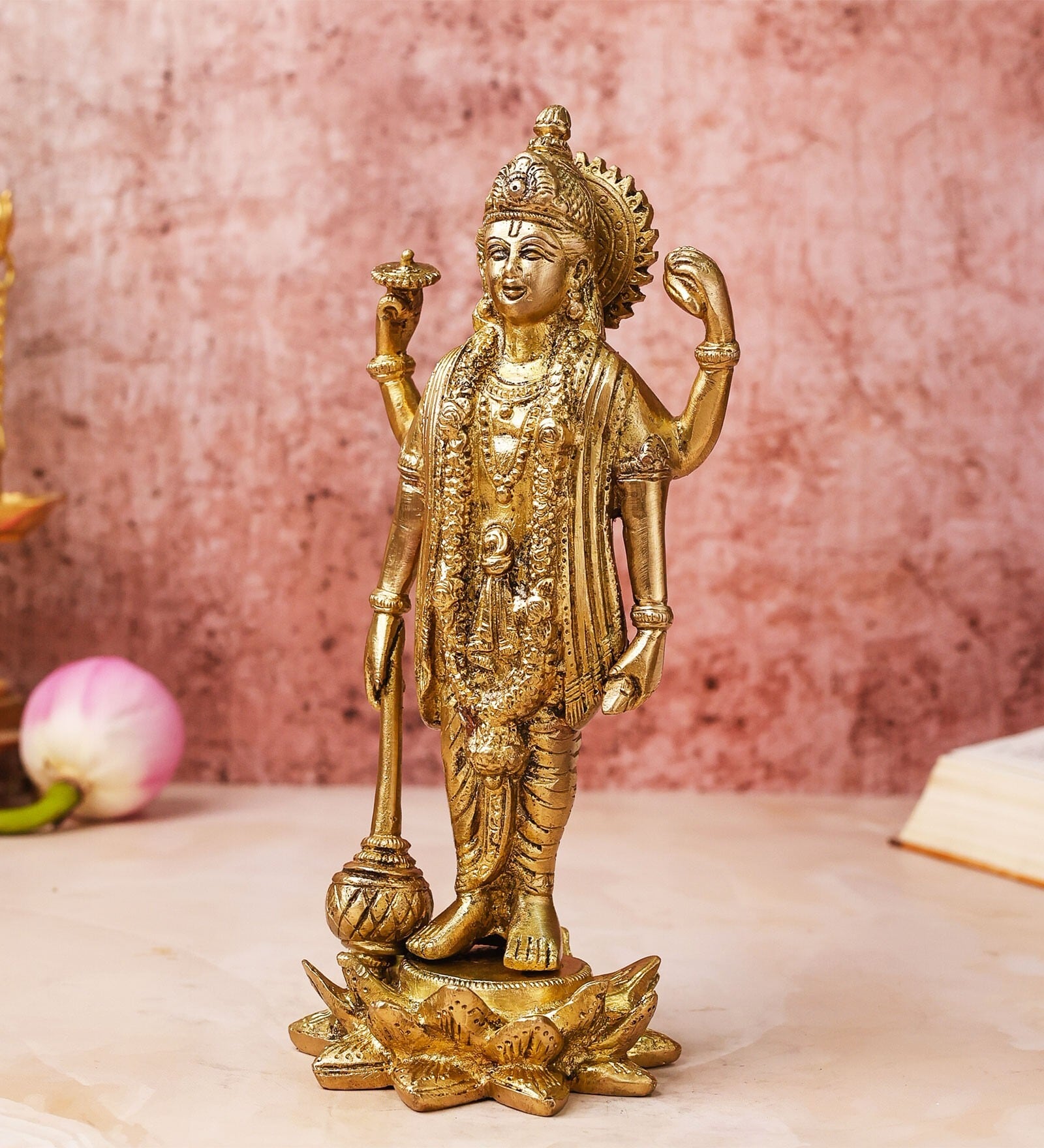 Vishnu Narayann Holding Gada On Lotus Brass Religious Idol