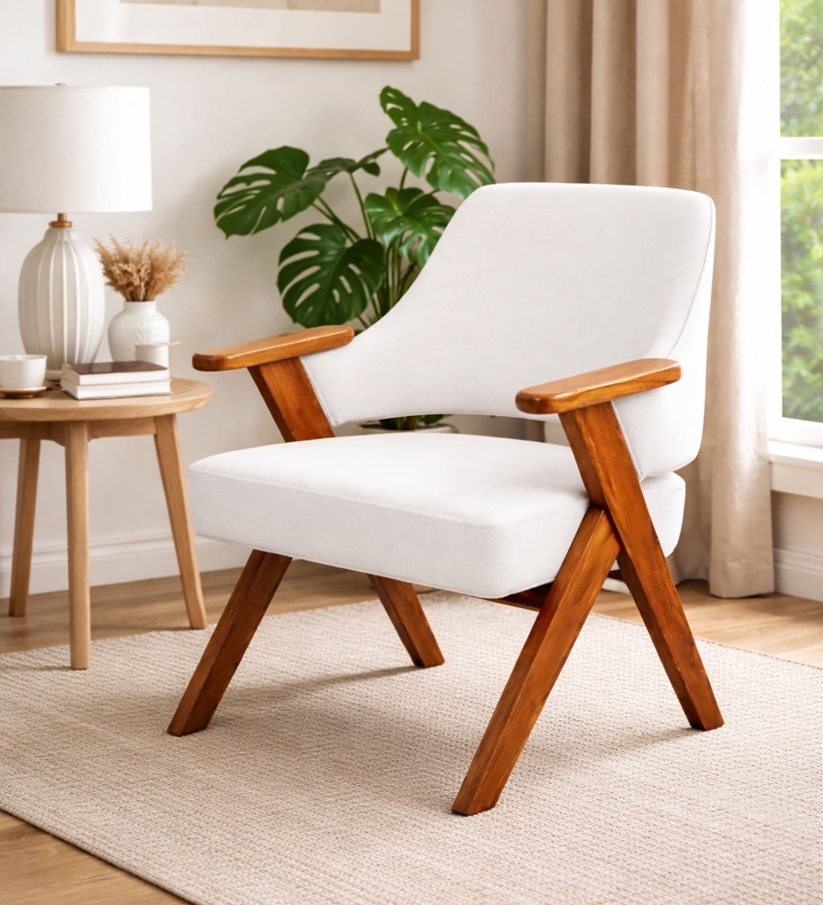Vittora Teak Wood Accent Chair With Suede Fabric In White Colour