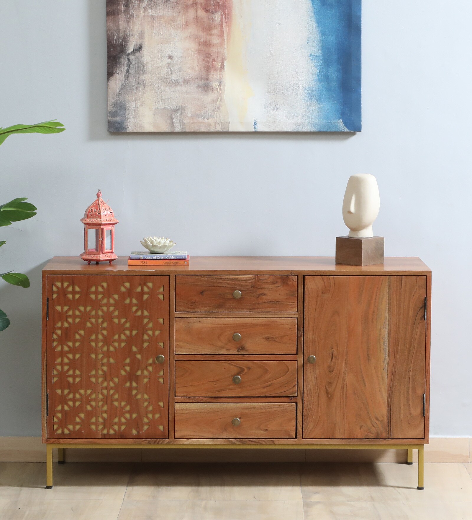Vivant Acacia Wood 2 Door Sideboard In Scratch Resistant Natural Finish  With Drawers