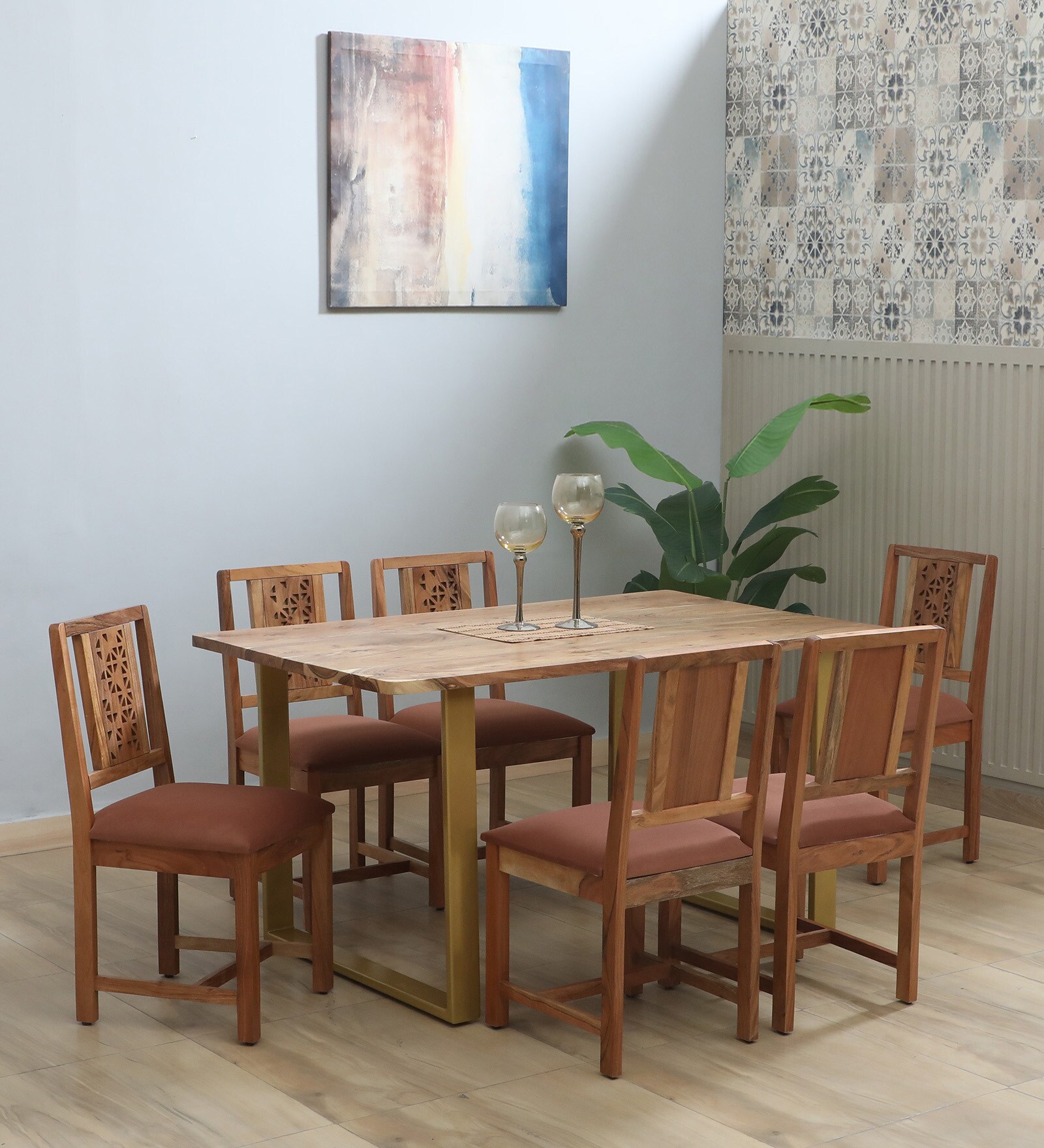Vivant Acacia Wood 6 Seater Dining Set In Scratch Resistant Natural Finish
