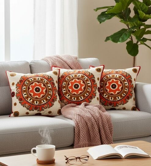 Vibrant Embroidered Mandala Throw Cushion Cover (18x18)