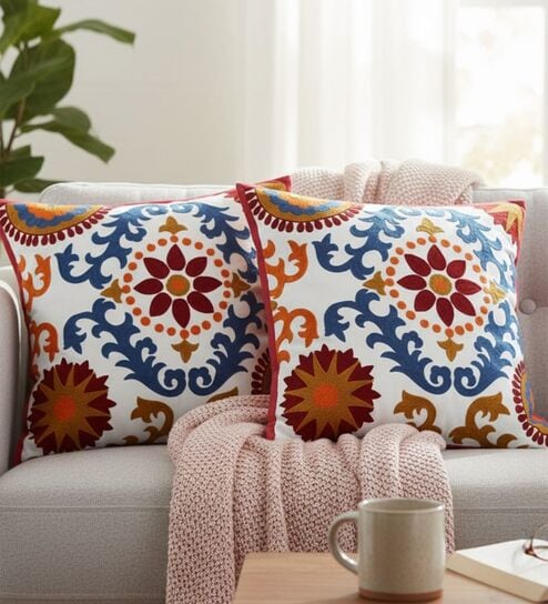 Vibrant Suzani Embroidered Throw Cushion Cover (18x18)