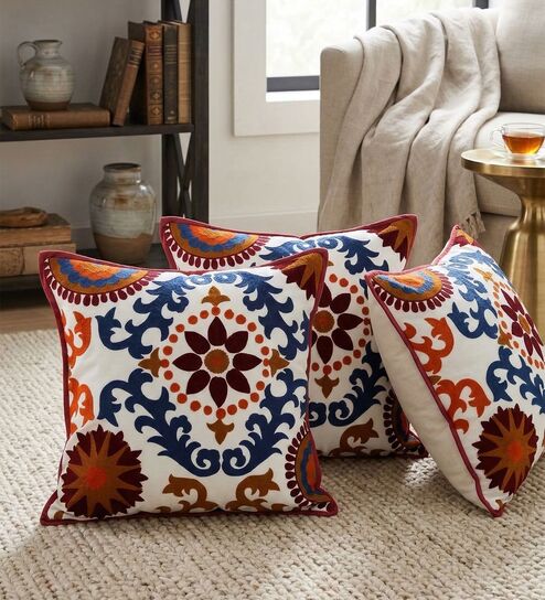 Vibrant Suzani Embroidered Throw Cushion Cover (18x18)
