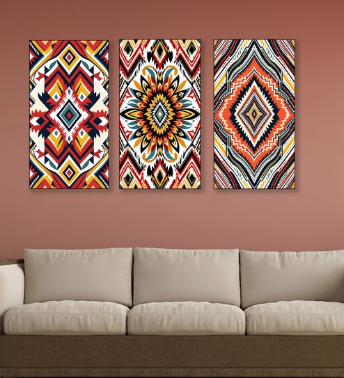 Tribal Pattern Canvas Set of 3 Printed Wall Painting Black Frame